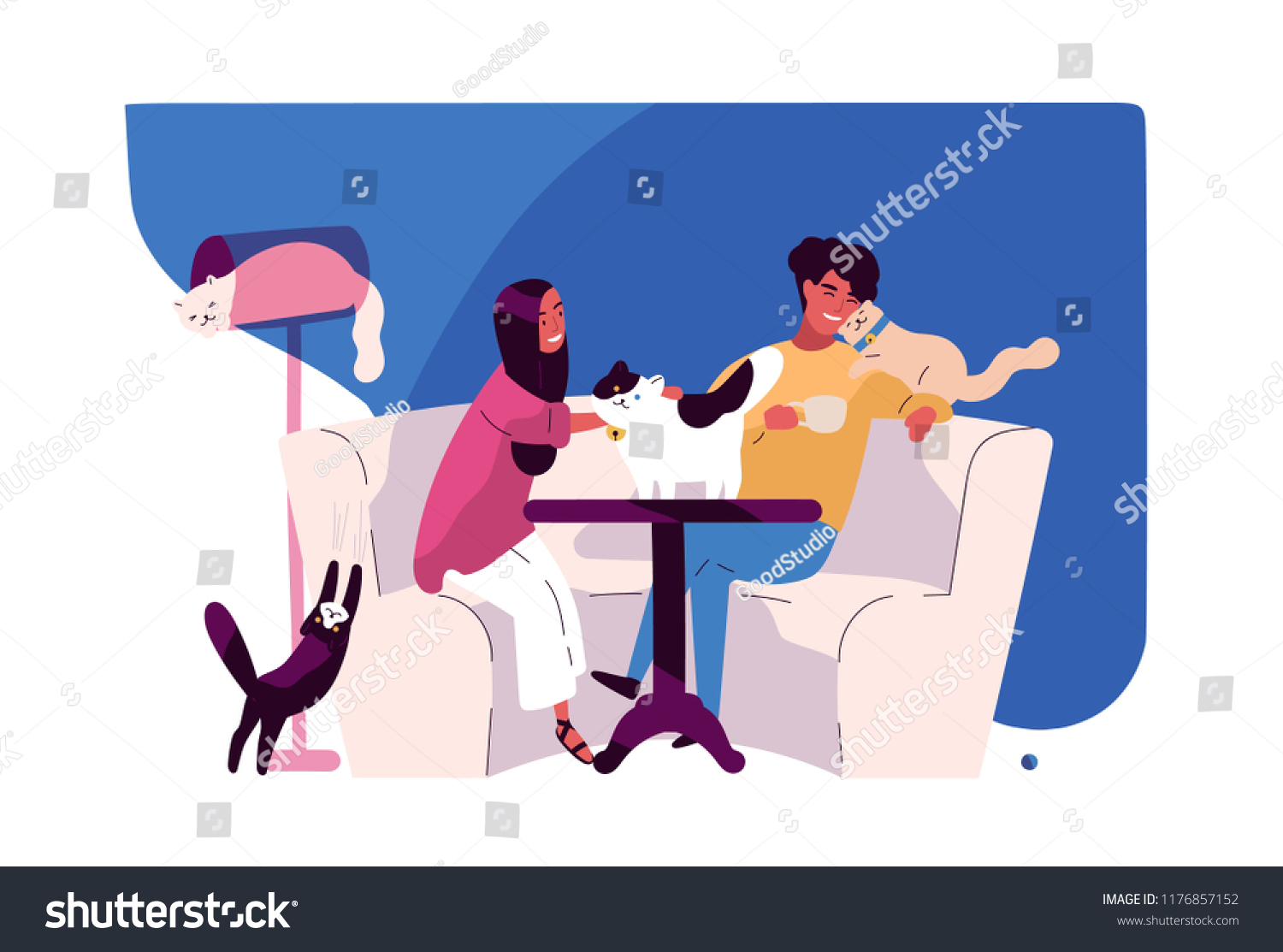 Happy Young Couple Cat Cafe Smiling Stock Vector (Royalty Free ...