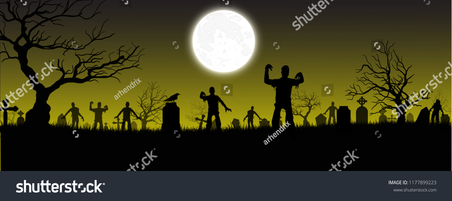 Halloween Background Tombstonegraveyard Moon Dark Forest Stock Vector ...