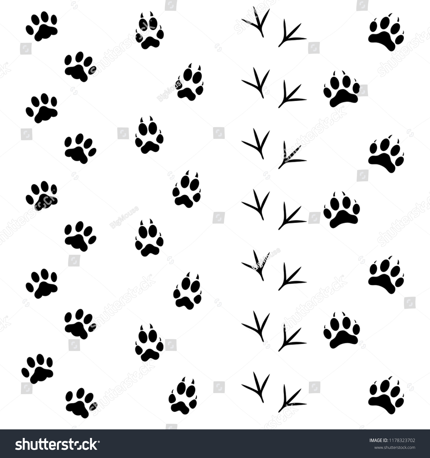 Black Different Animal Bird Silhouettes Tracks Stock Illustration 