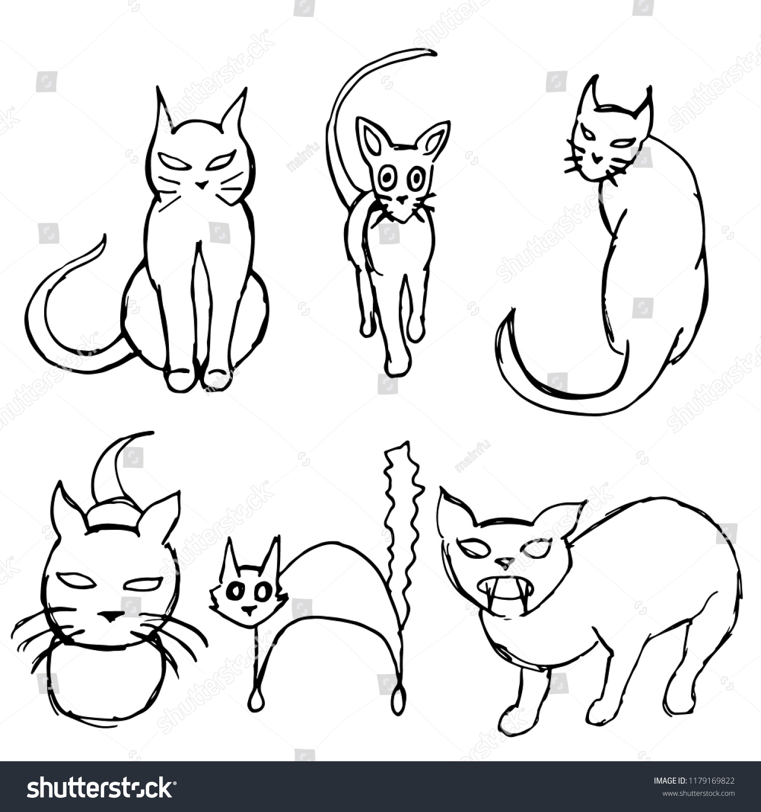 Black Cat Set Hand Draw Stock Illustration 1179169822 | Shutterstock