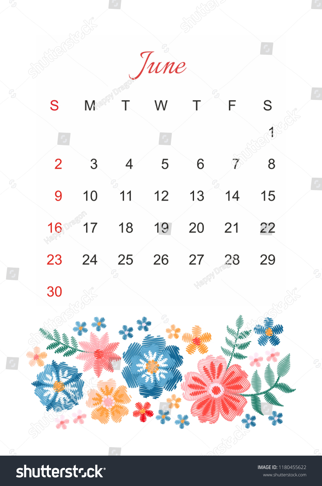 June Vector Calendar Template 2019 Year Stock Vector (Royalty Free ...