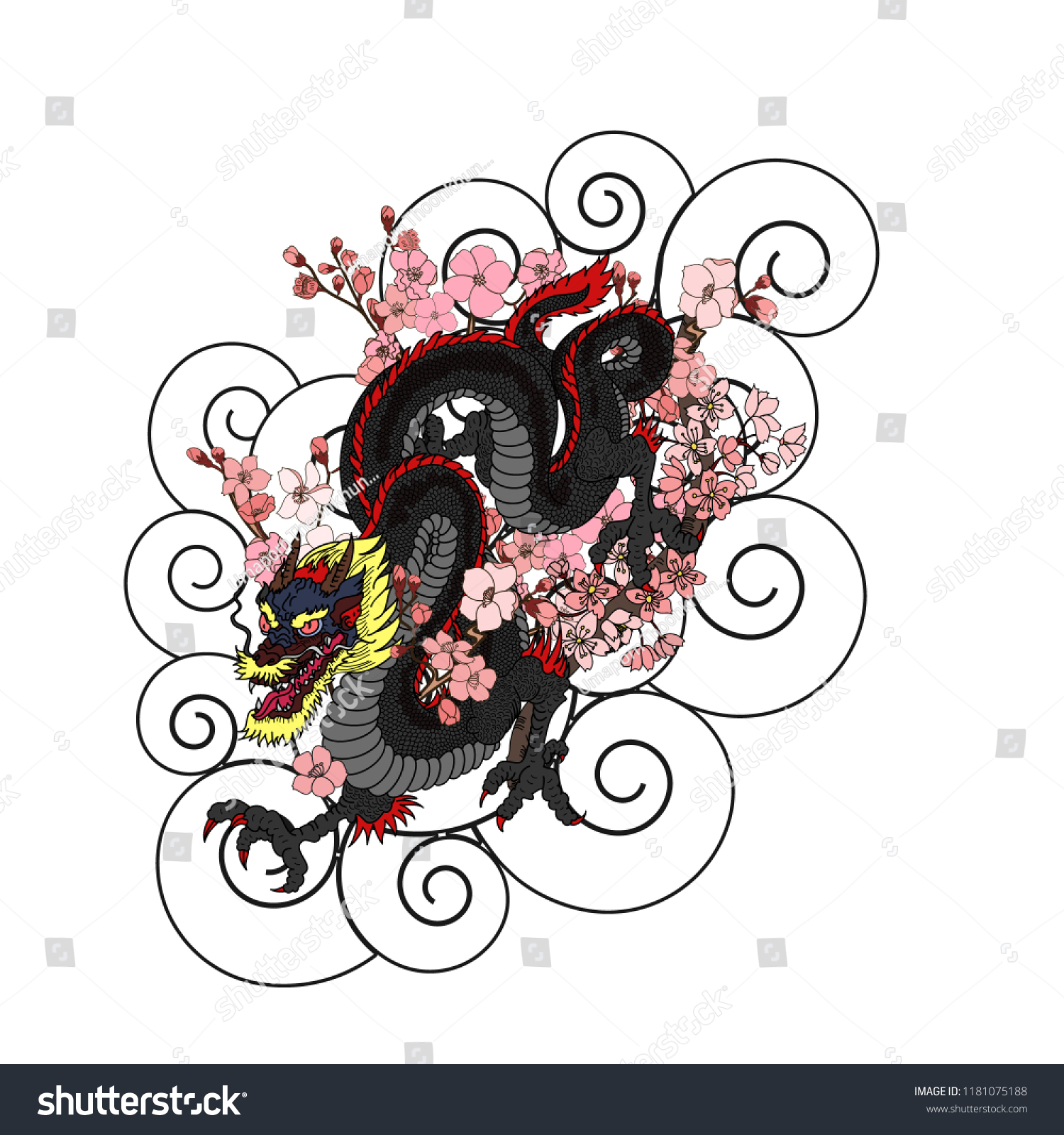 Japanese Dragon Tattoo Cherry Flower Peach Stock Vector Royalty Free Shutterstock