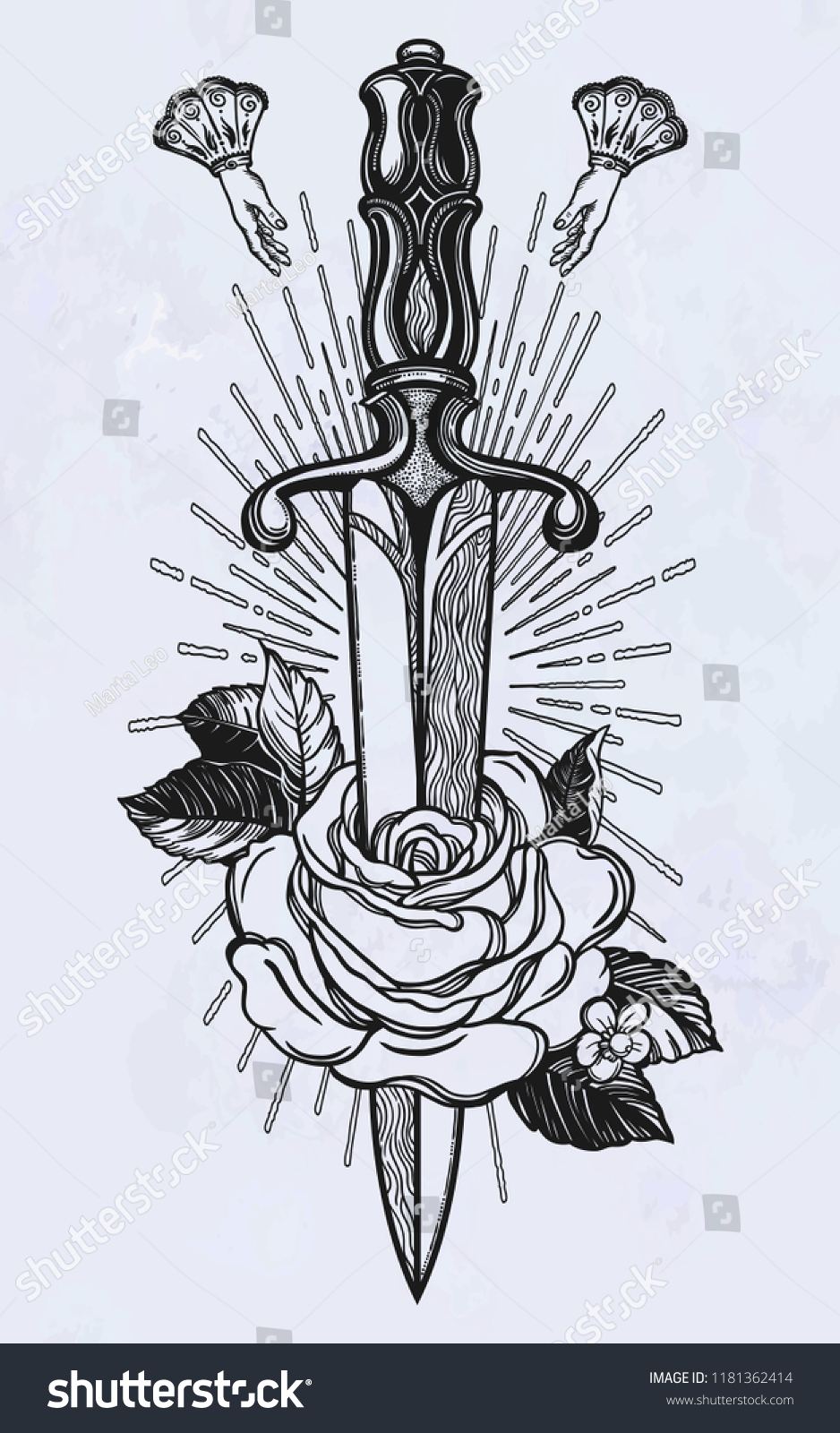 Traditional Tattoo Rose Knife Stock Vector (Royalty Free) 1181362414 ...