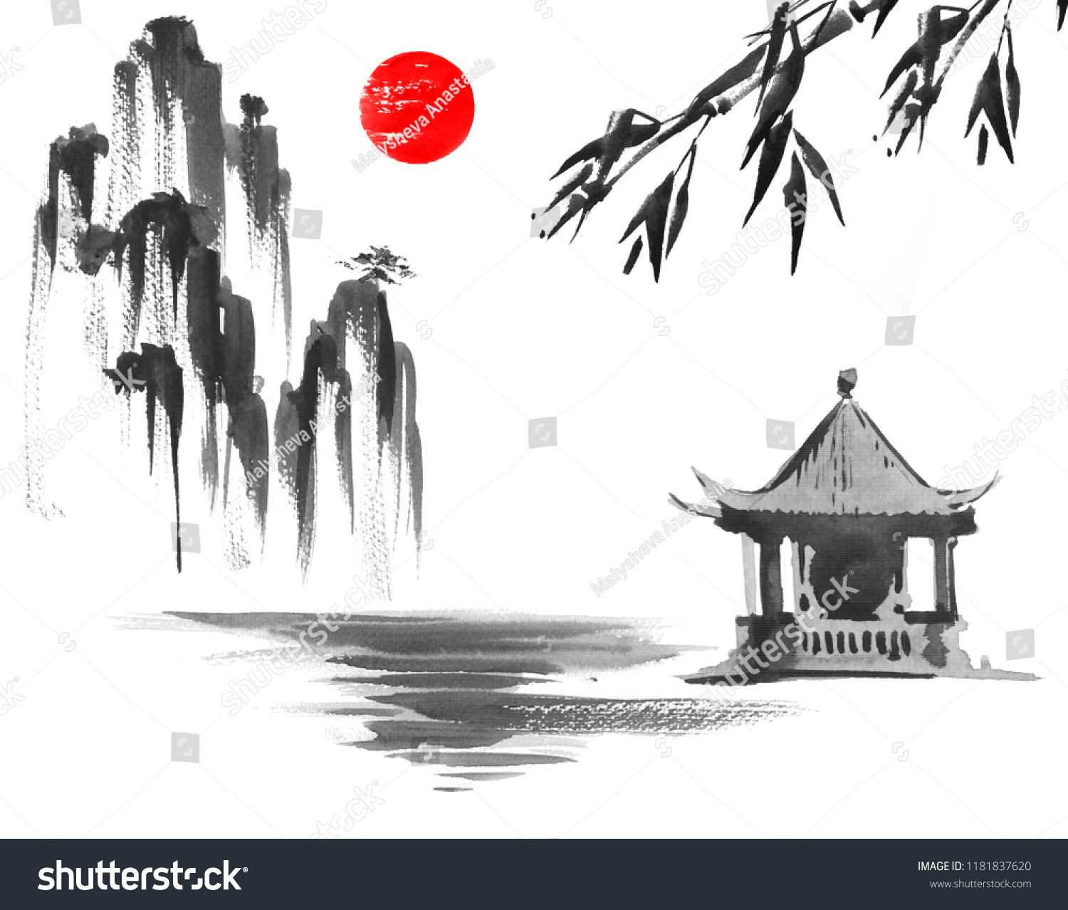 Japanese Picture Japan Traditional Art Sumie Stock Illustration ...