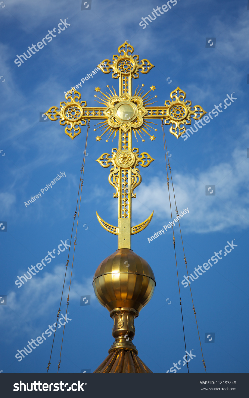 Gold Christian Cross On Background Blue Stock Photo 118187848 ...