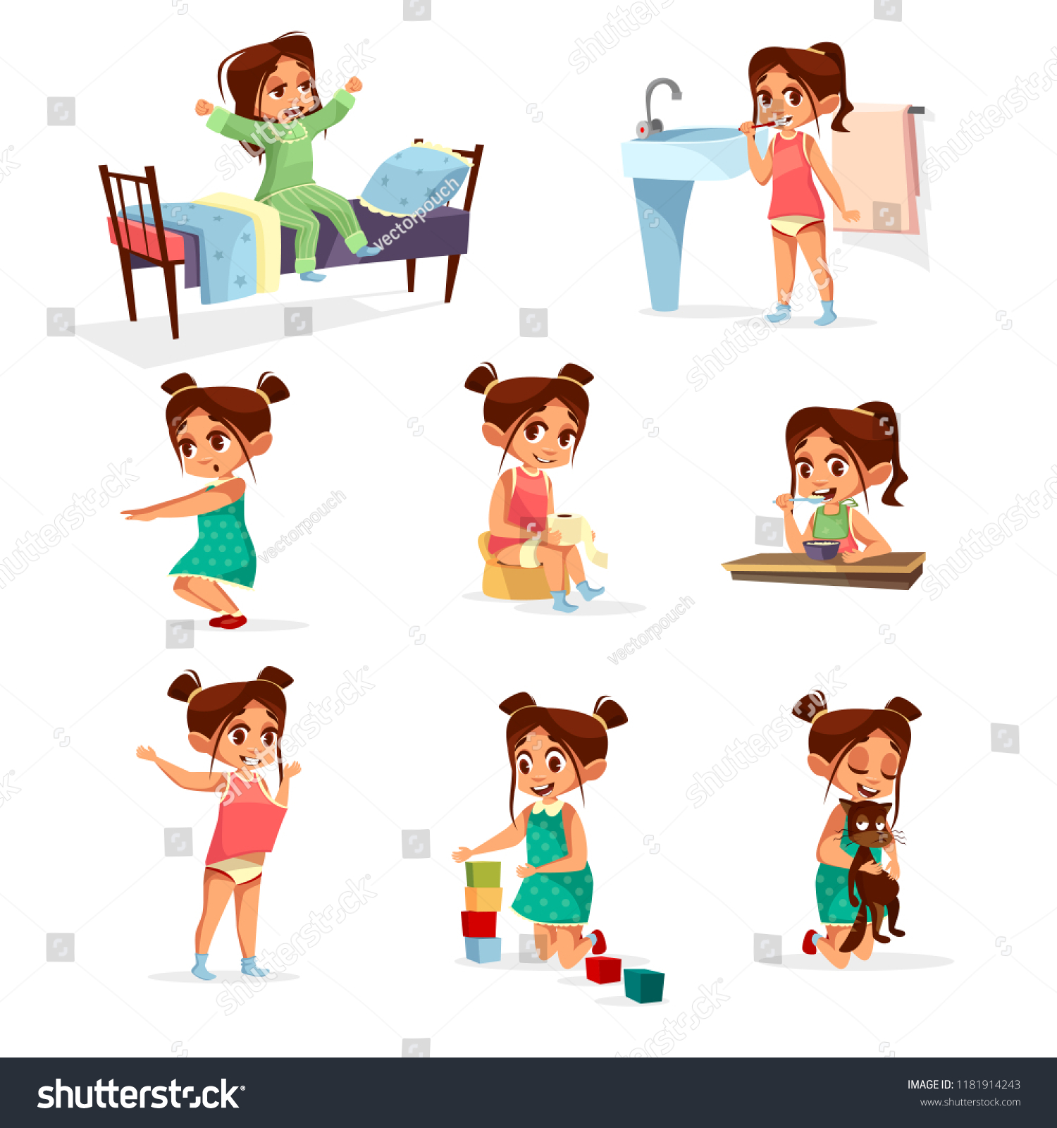 Cartoon Girl Daily Routine Activity Set Stock Illustration 1181914243 ...