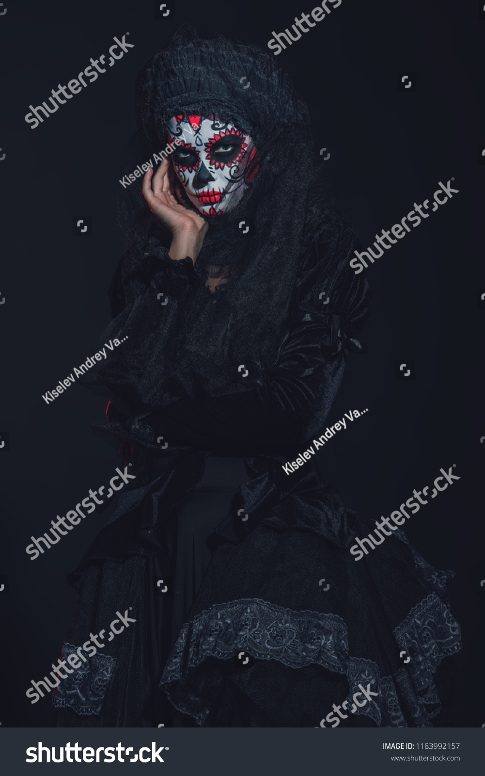 Stock Photo Calavera Catrina In Darkness Sugar Skull Makeup Dia De Los Muertos Day Of The Dead Halloween 1183992157 