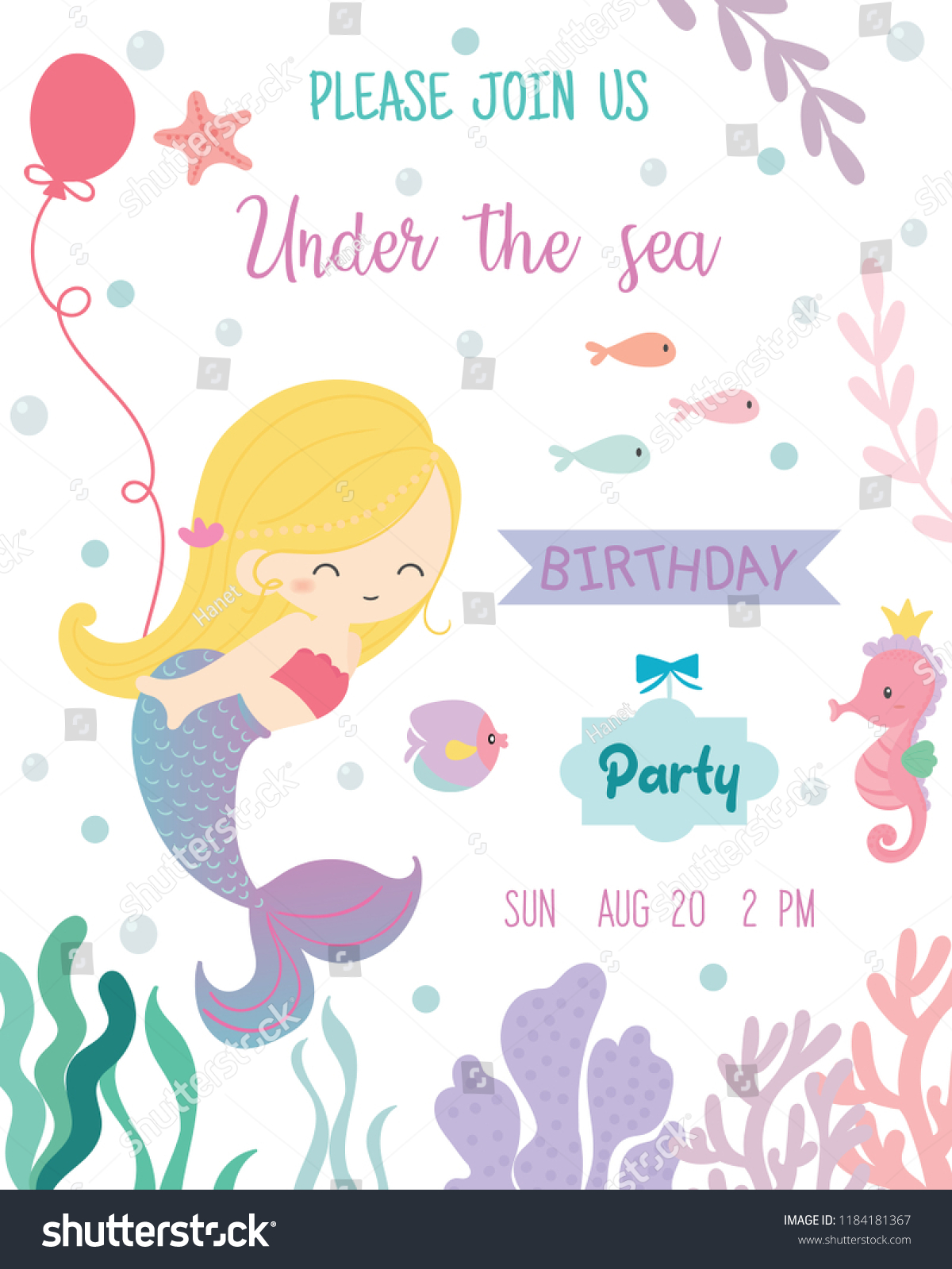 Cute Mermaid Theme Birthday Party Invitation Stock Vector (Royalty Free ...