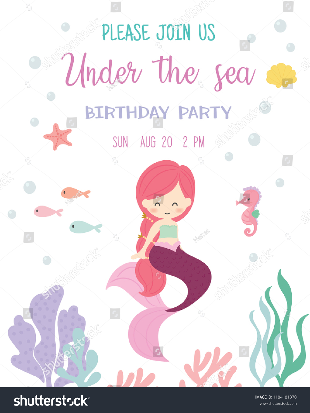 Cute Mermaid Theme Birthday Party Invitation Stock Vector (royalty Free 