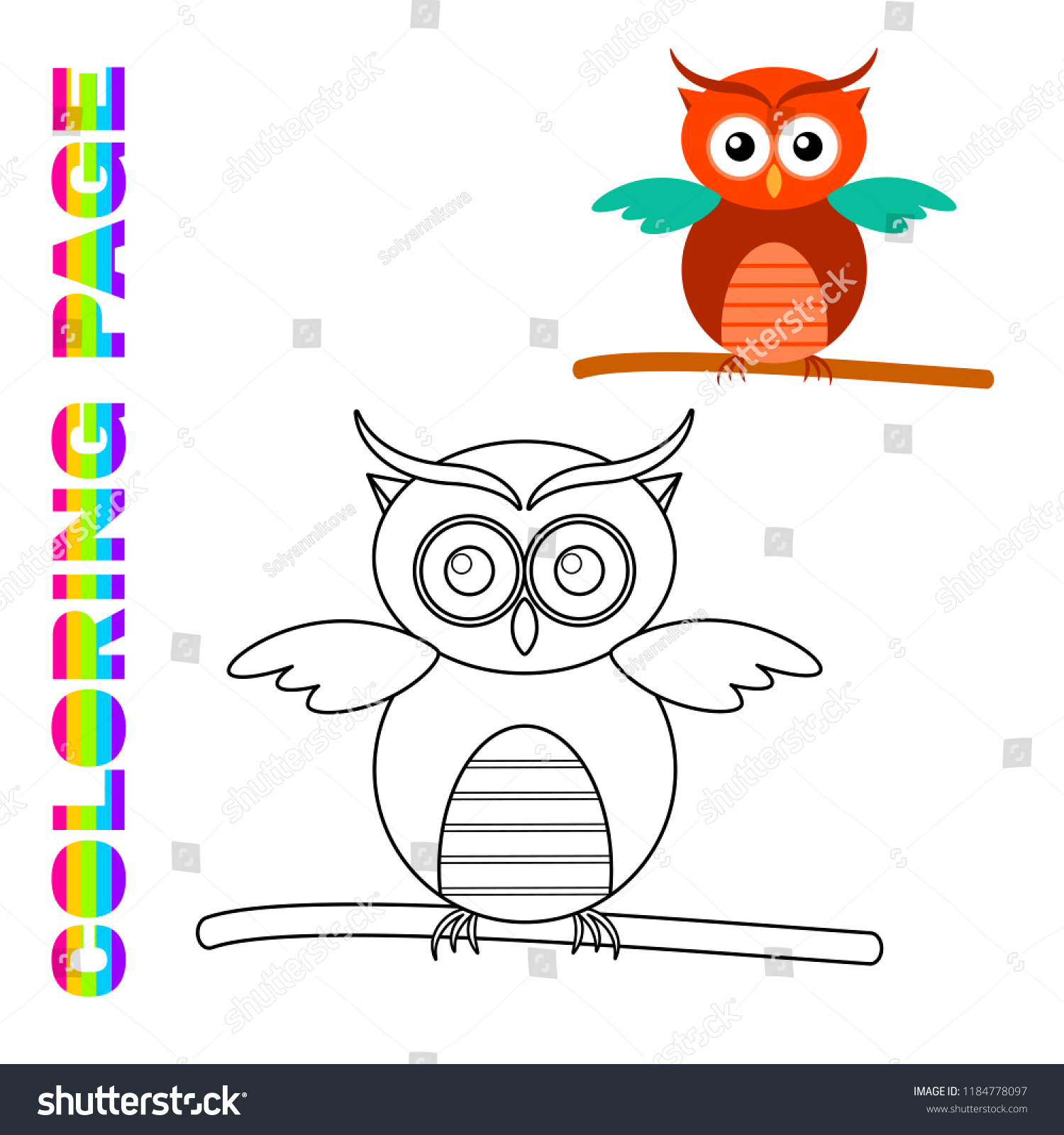 Cartoon Owl On Branch Coloring Page Stock Vector (Royalty Free ...