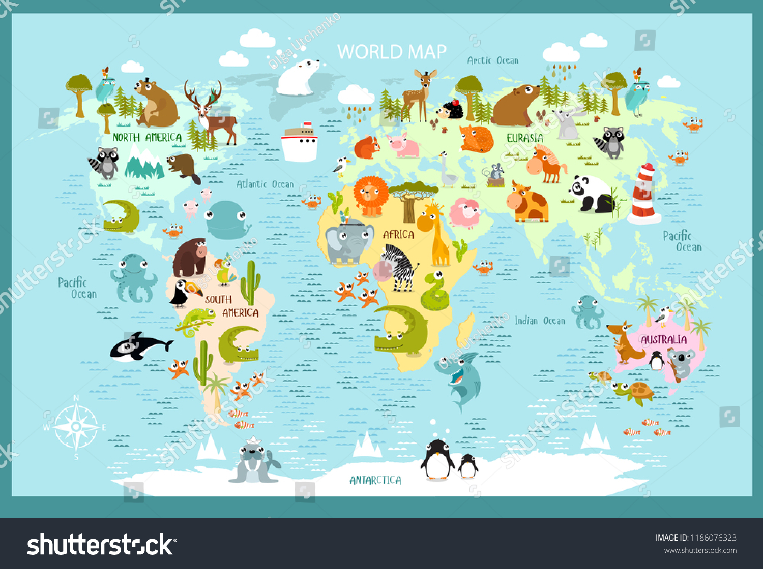 Vector Map World Cartoon Animals Kids Stock Vector (Royalty Free ...