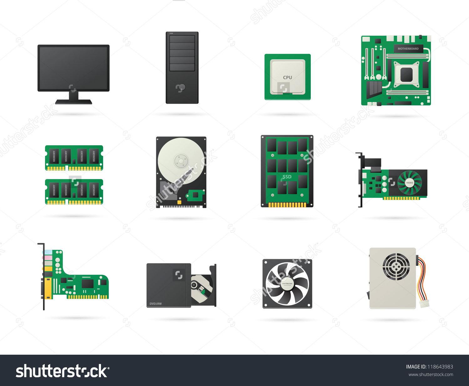 Computer Parts Icons On White Background Stock Vector (Royalty Free ...