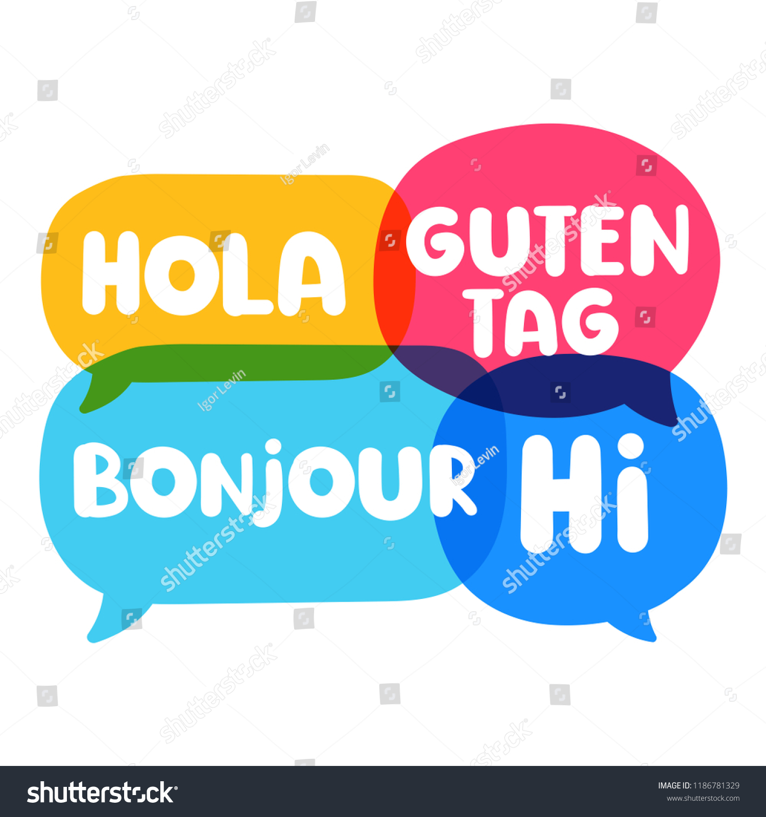 Hola Guten Tag Bonjour Hi Speech: стоковая векторная графика (без лицензион...