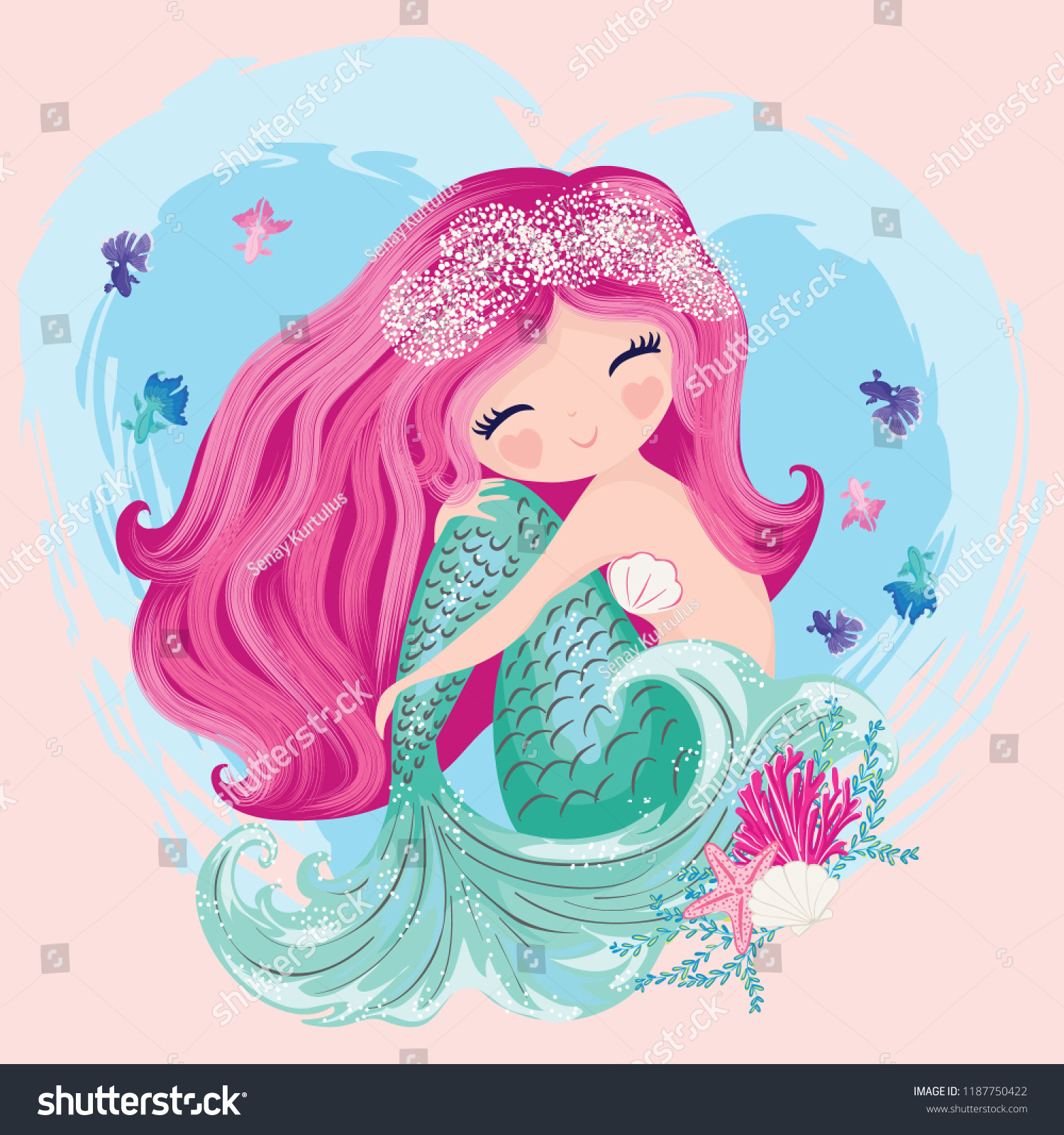 Little Cute Mermaid Fishes Seashells Book Stock Vector (Royalty Free ...