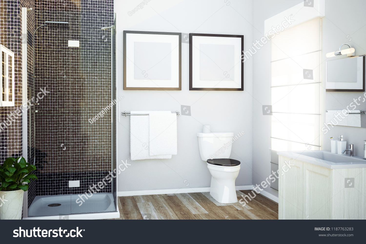 Two Blank Frames On Bathroom Mockup Stock Illustration 1187763283