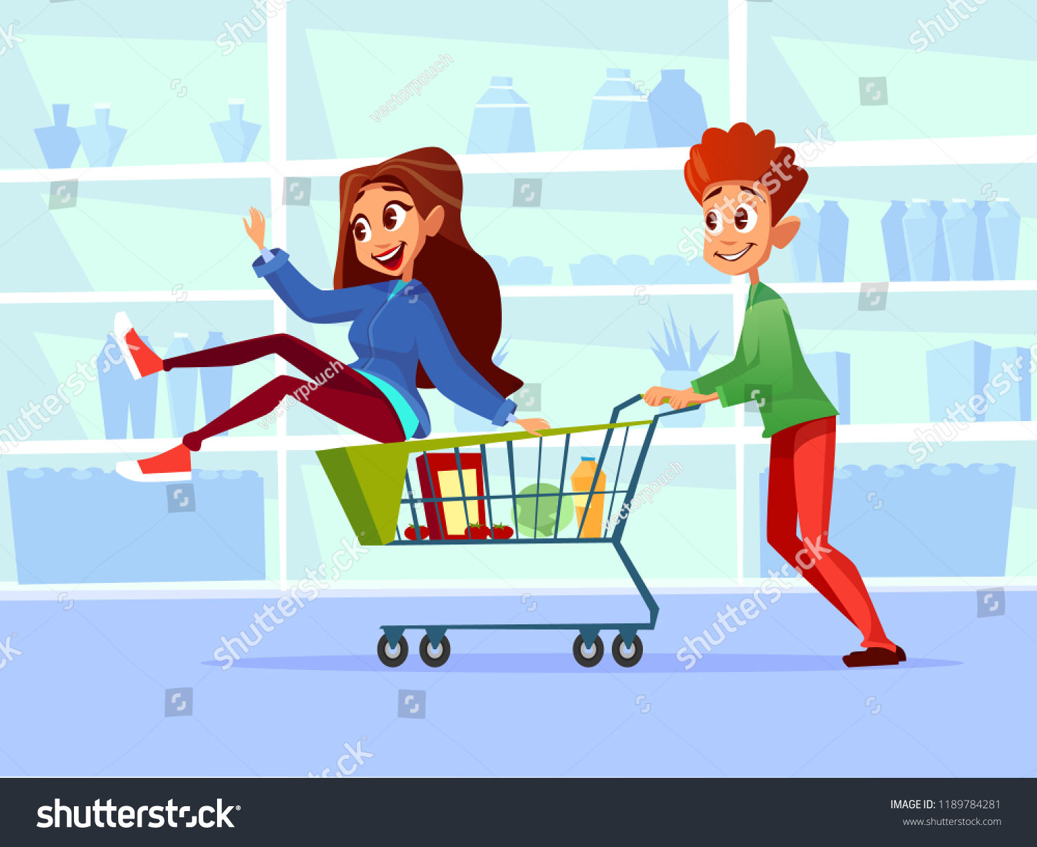 Couple Riding Supermarket Shopping Cart Illustration Stock Illustration ...