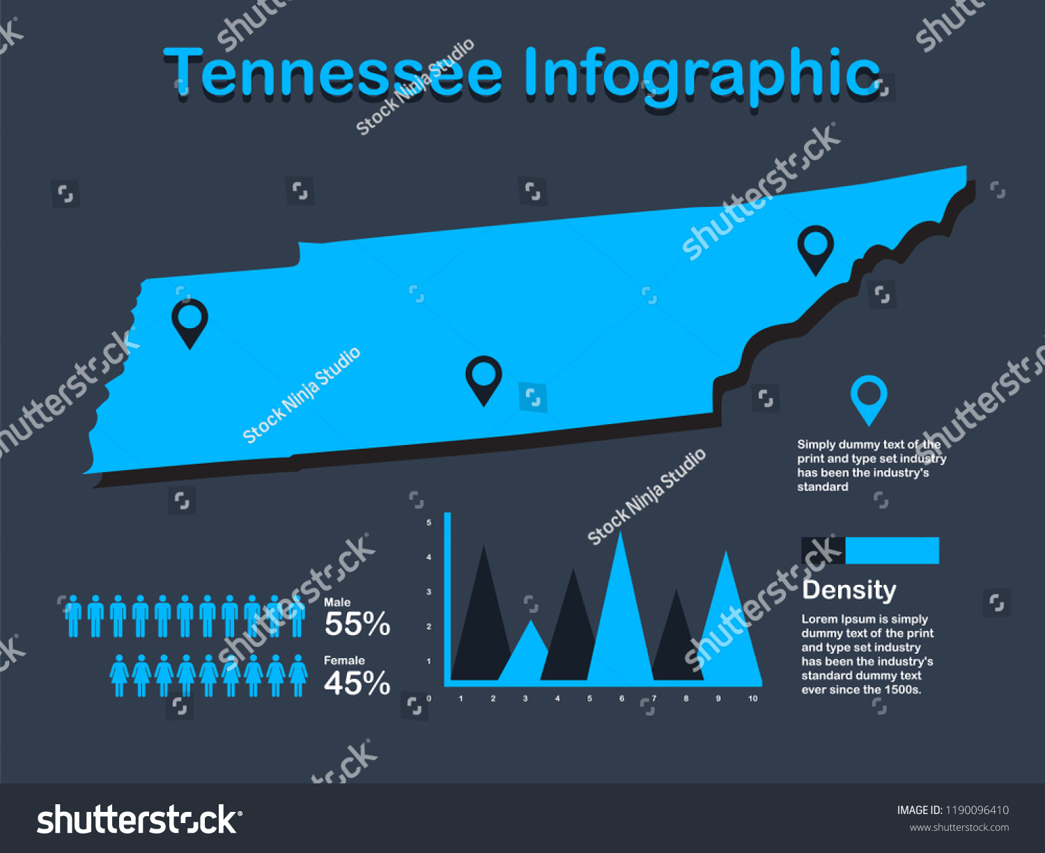 Tennessee State Usa Map Set Infographic Stock Vector Royalty Free Stock Vector Tennessee State Usa Map With Set Of Infographic Elements In Blue Color In Dark Background Modern 1190096410