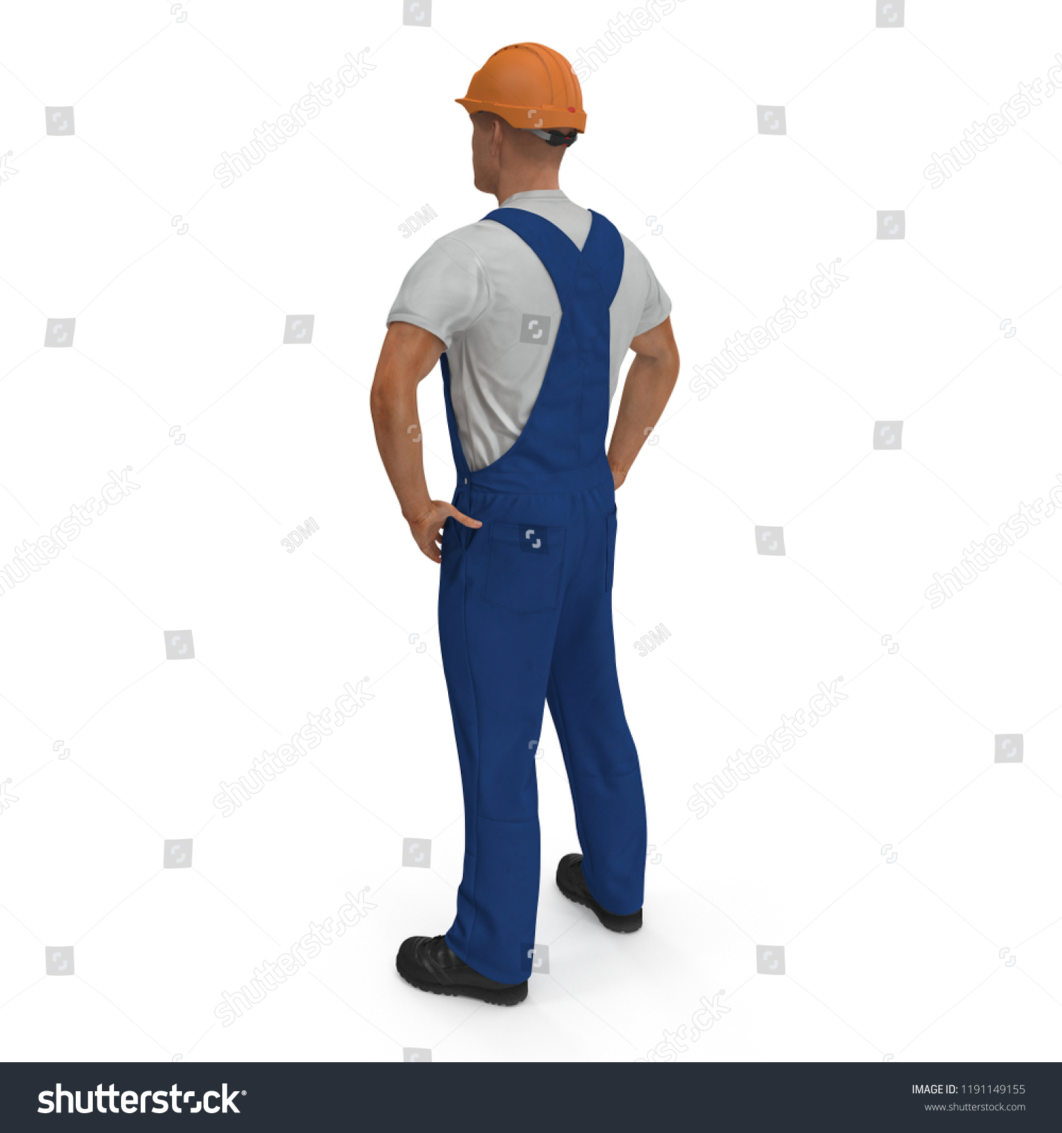 Construction Worker Blue Overall Hardhat Standing Stock Illustration 