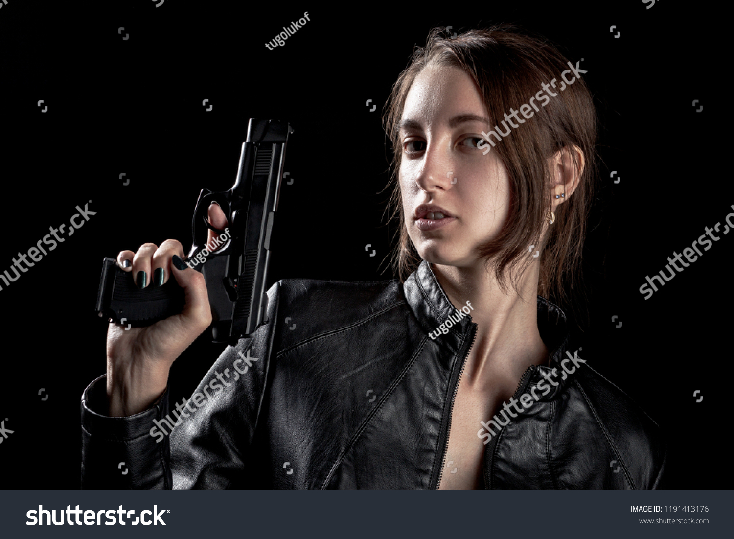 Serious Girl Gun On Black Background Stock Photo 1191413176 | Shutterstock