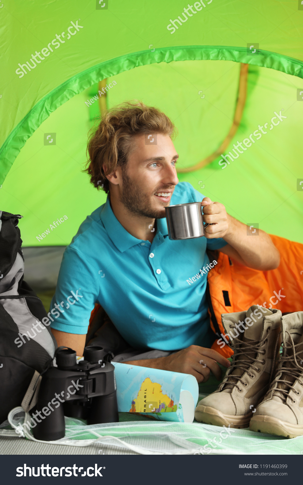 Young Man Sleeping Bag Mug Inside Stock Photo 1191460399 | Shutterstock