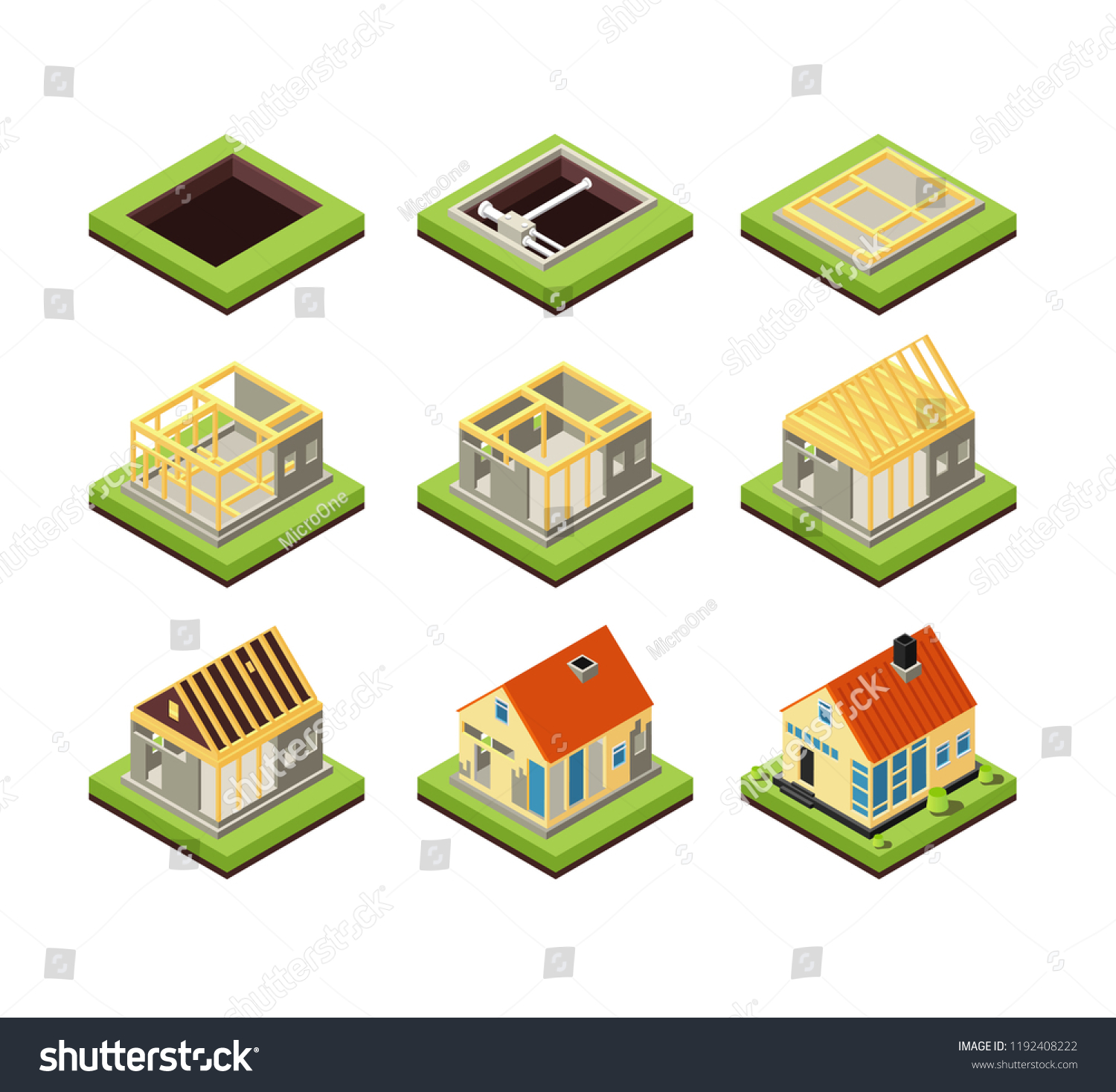 House Construction Building Constructing Phases Rural Stock Vector ...