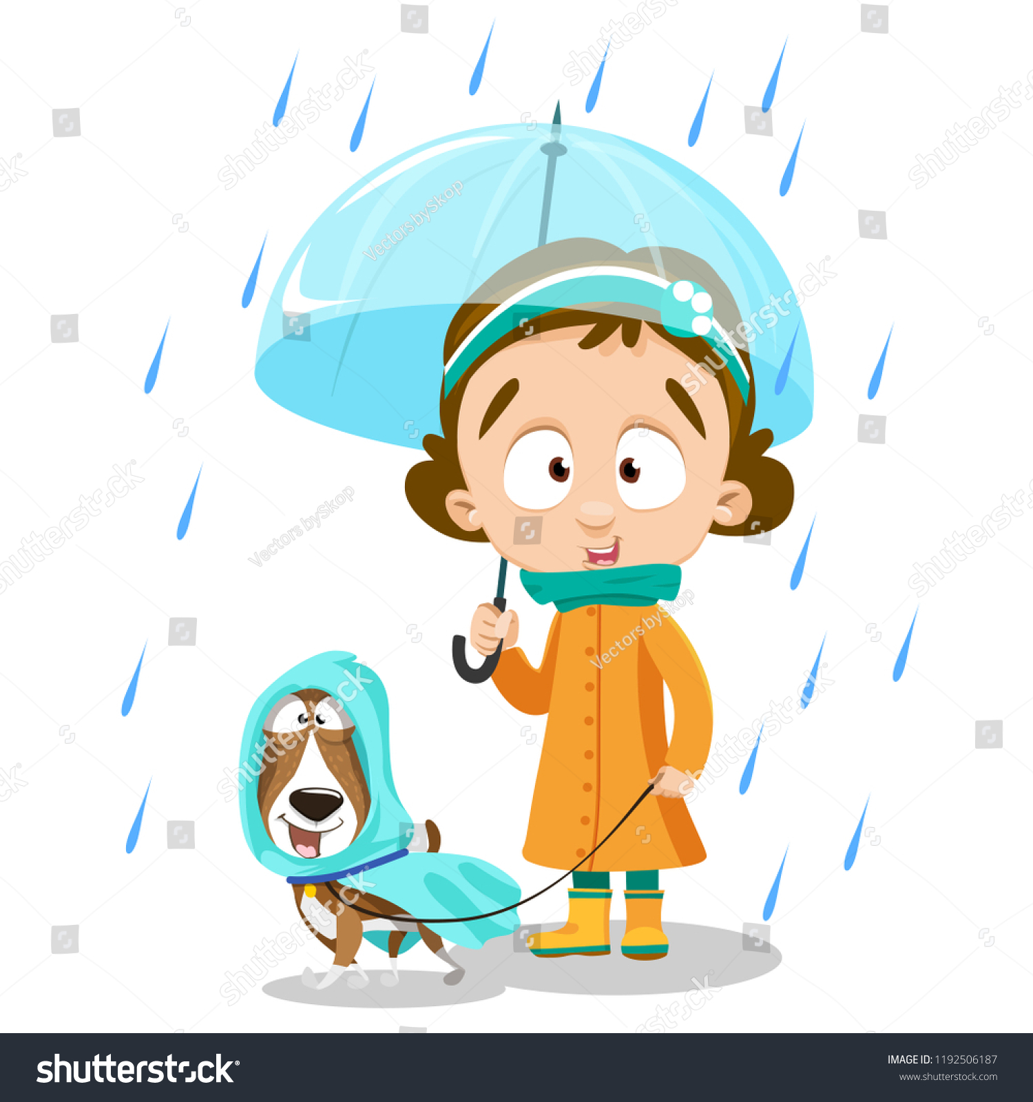 Little Girl Open Umbrella Dog Raincoat Stock Vector (Royalty Free ...