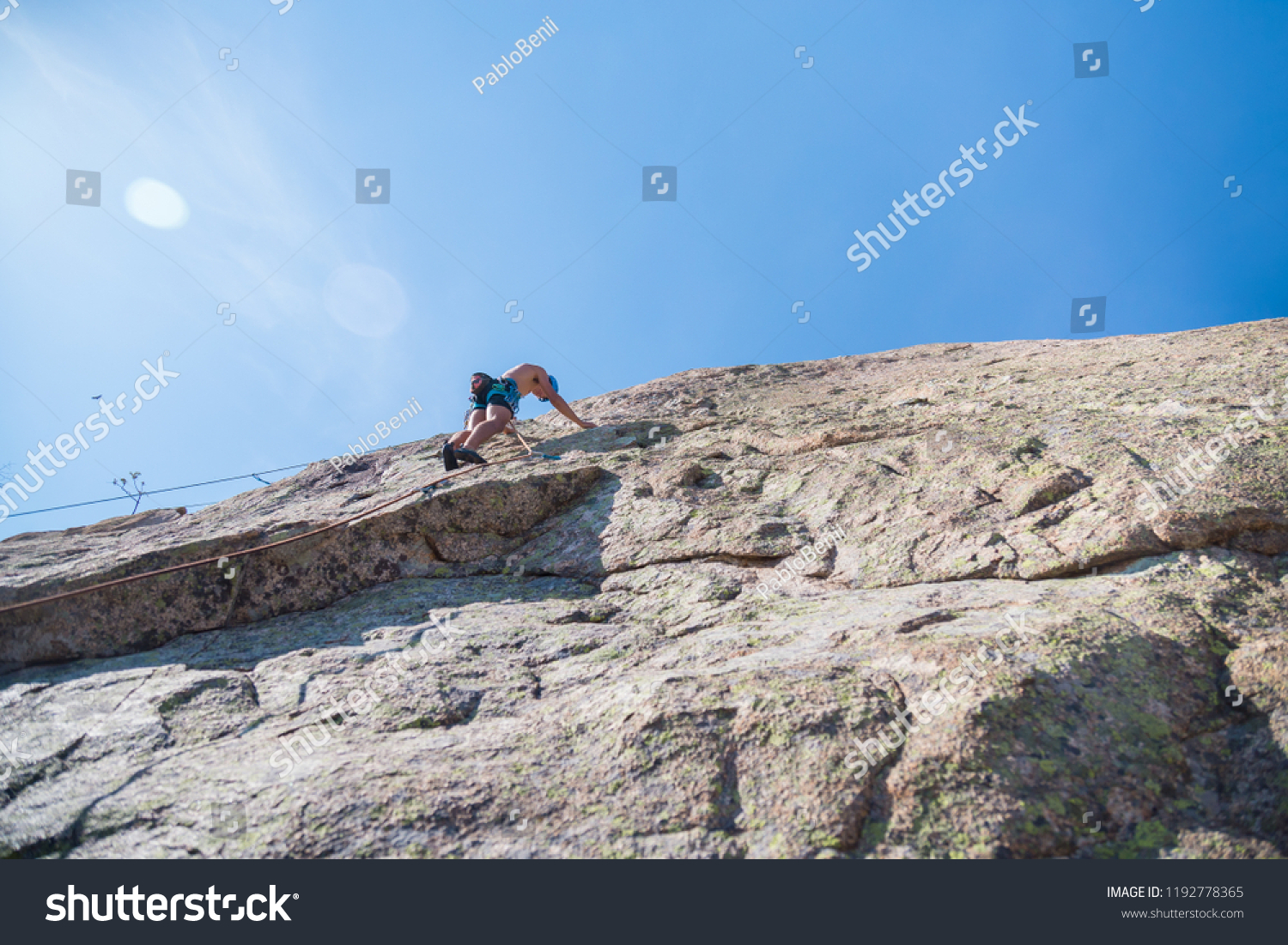 Below Shot Shirtless Male Climber Climbing Stock Photo 1192778365 ...