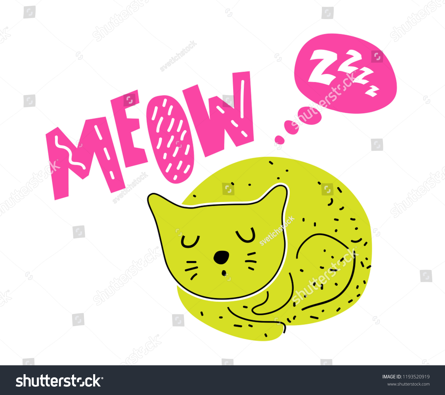 Cute Cat Text Meow Zzzz Cartoon Stock Vector (Royalty Free) 1193520919 ...