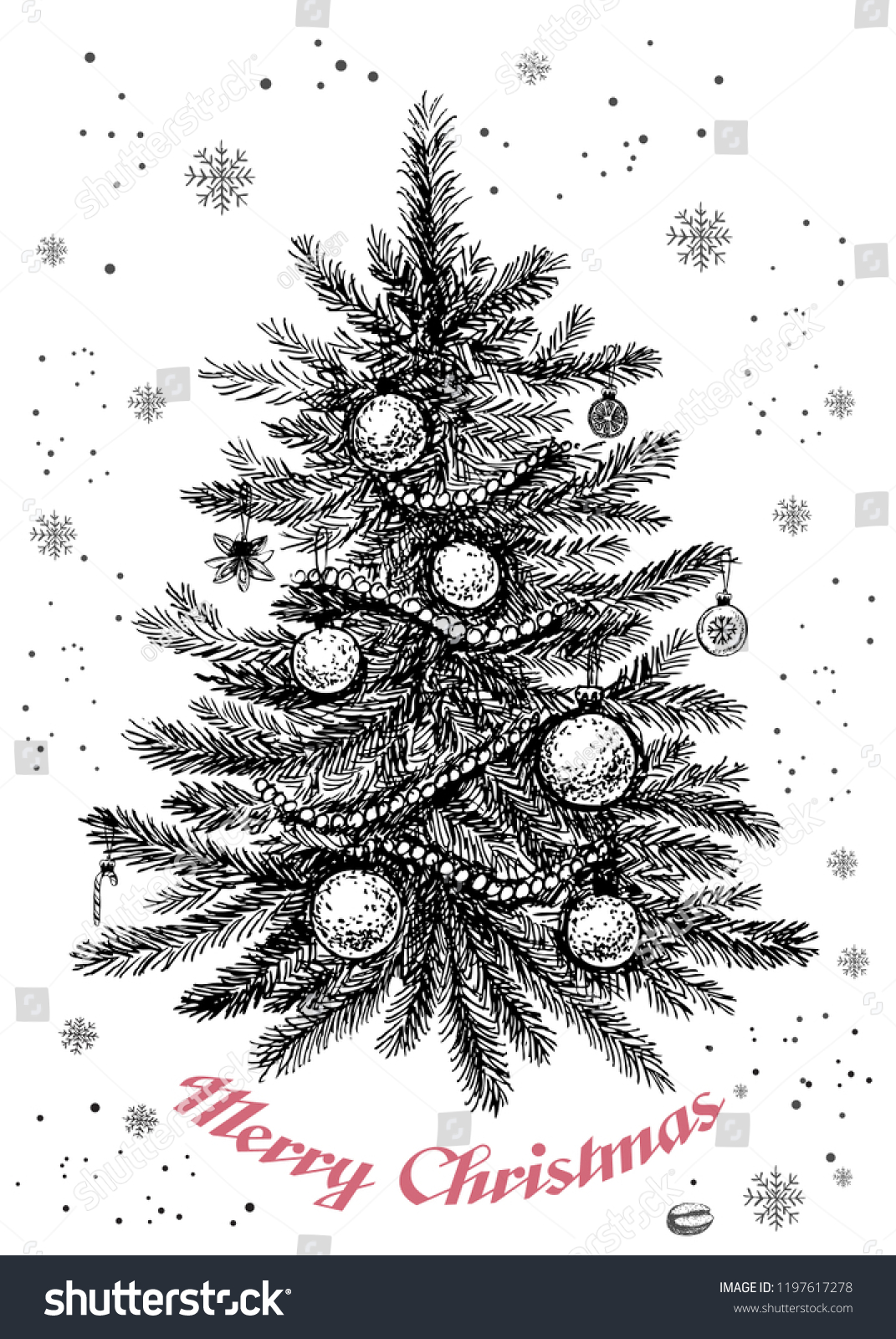 vintage christmas tree clip art black and white