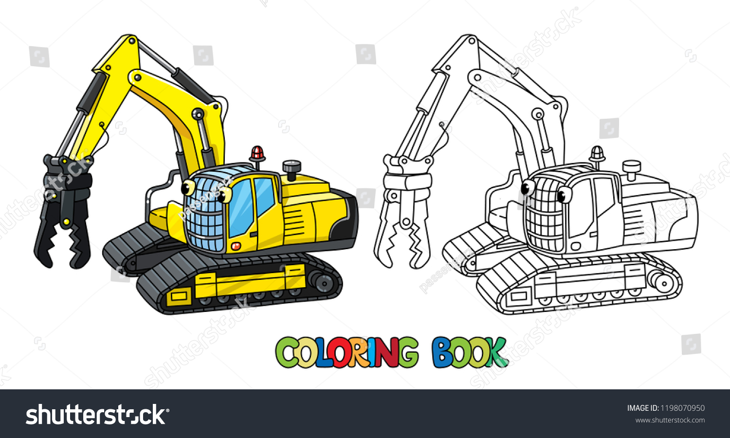 Funny Small Excavator Eyes Coloring Book Stock Vector (Royalty Free