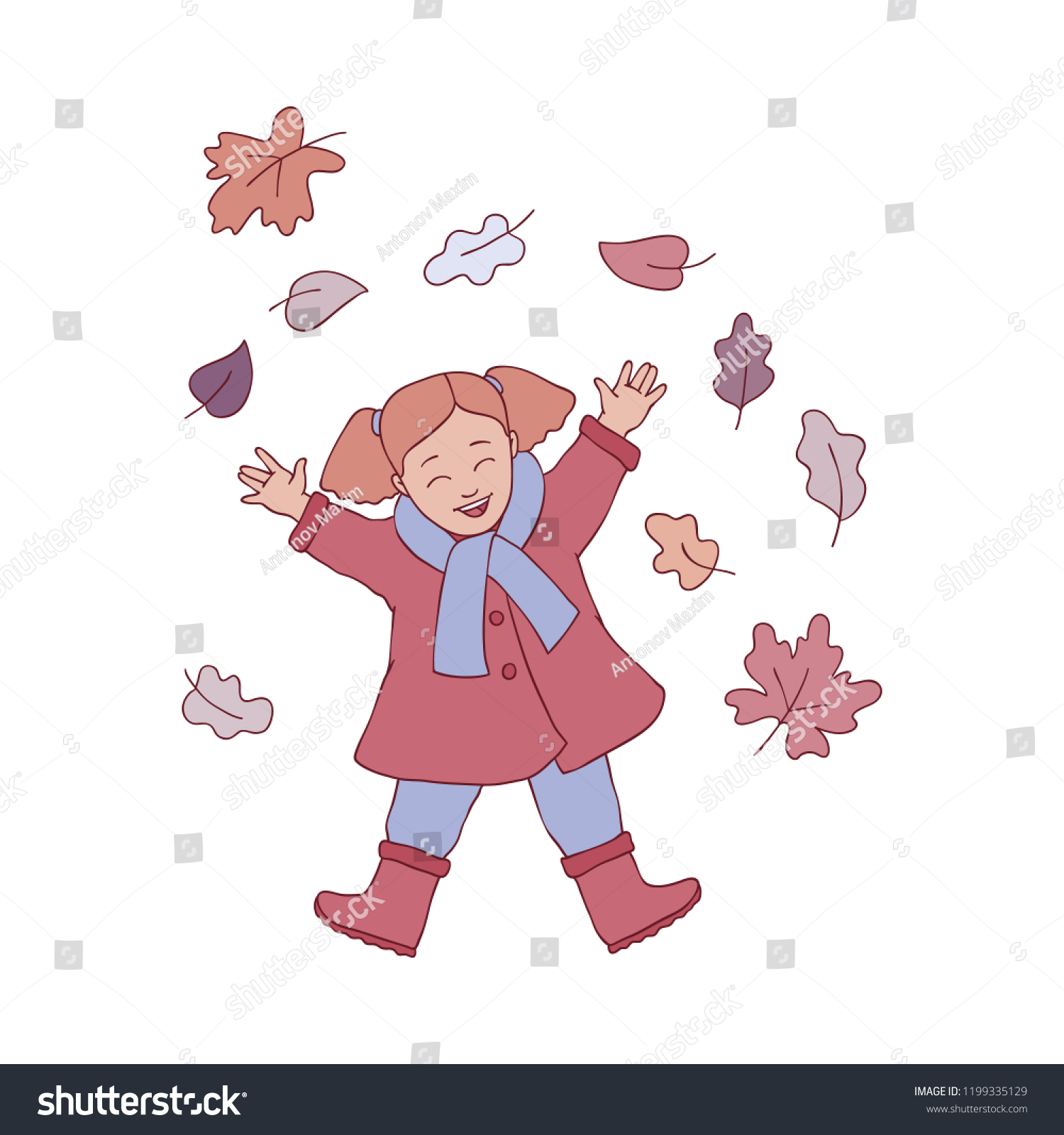 Vector Illustration Kid Girl Playing Autumn Stock Vector (Royalty Free ...