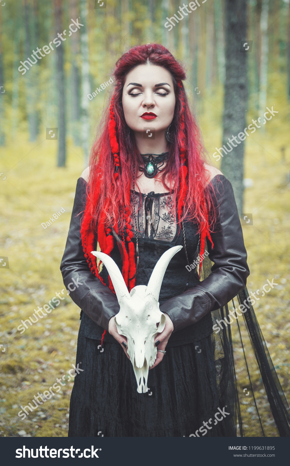 Beautiful Woman Witch Goat Skull Forest Stock Photo 1199631895 ...