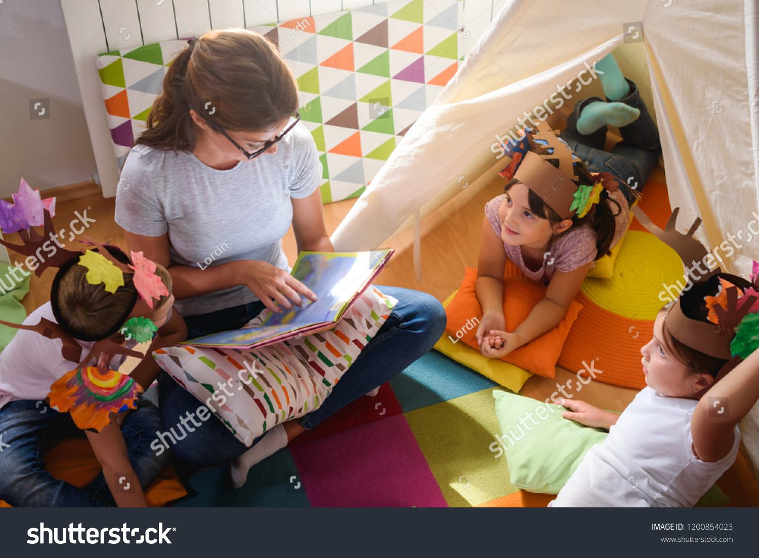 Preschool Teacher Reading Story Children Kindergarten Stock Photo ...