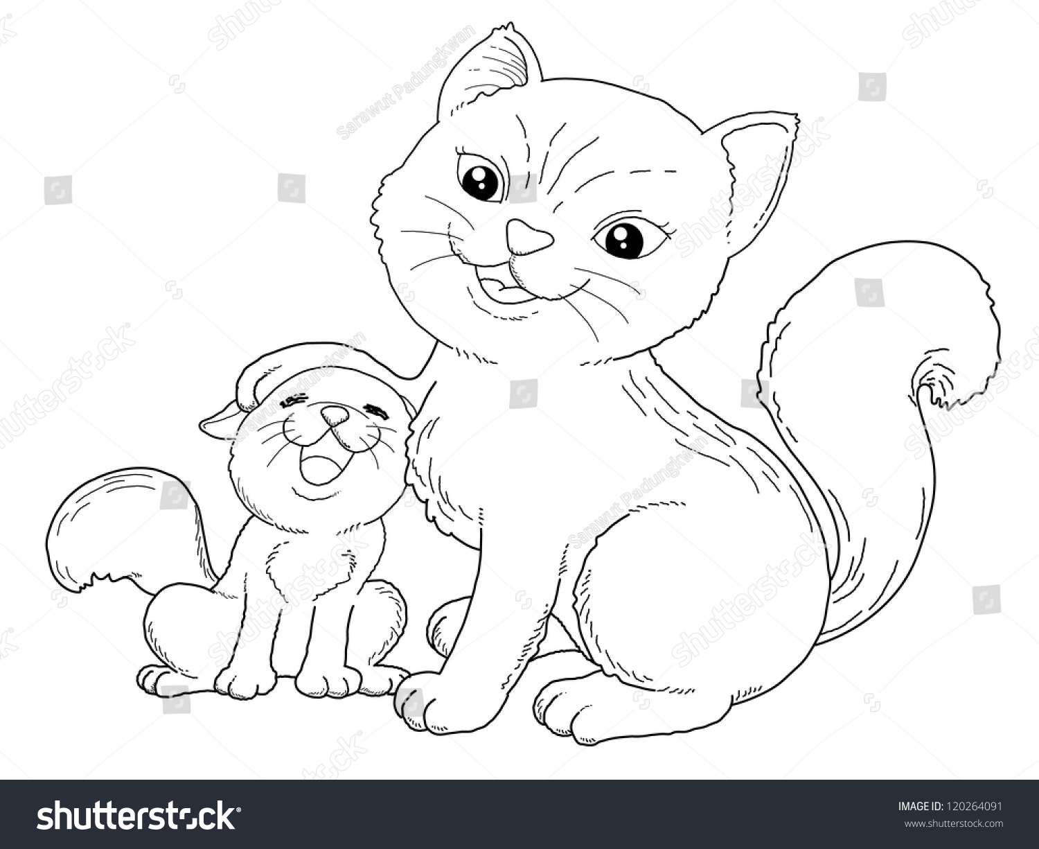 Раскраска мама кошка с котятами