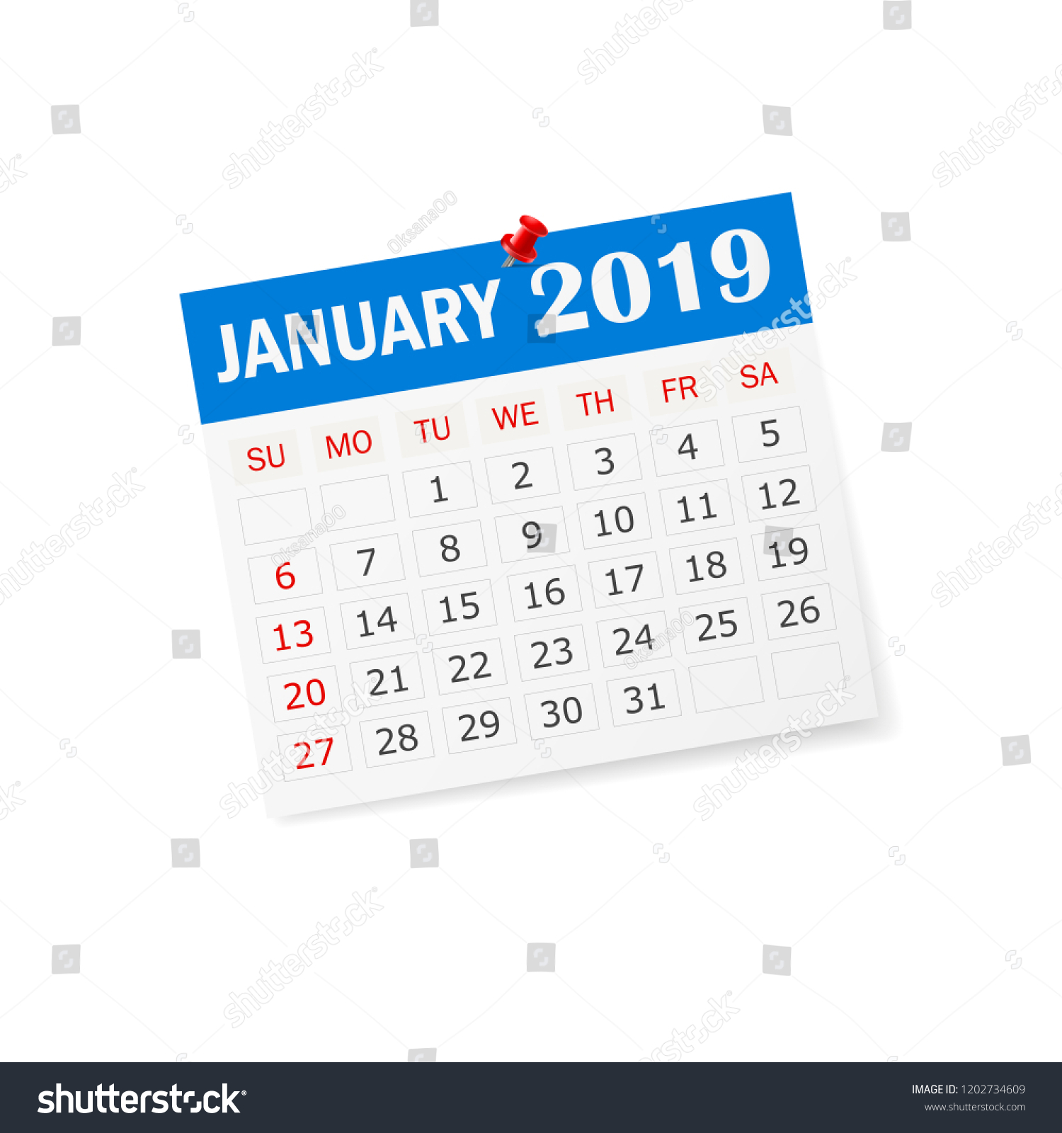 Calendar January 2019 Vector Illustration Pin Stock Vector (Royalty ...