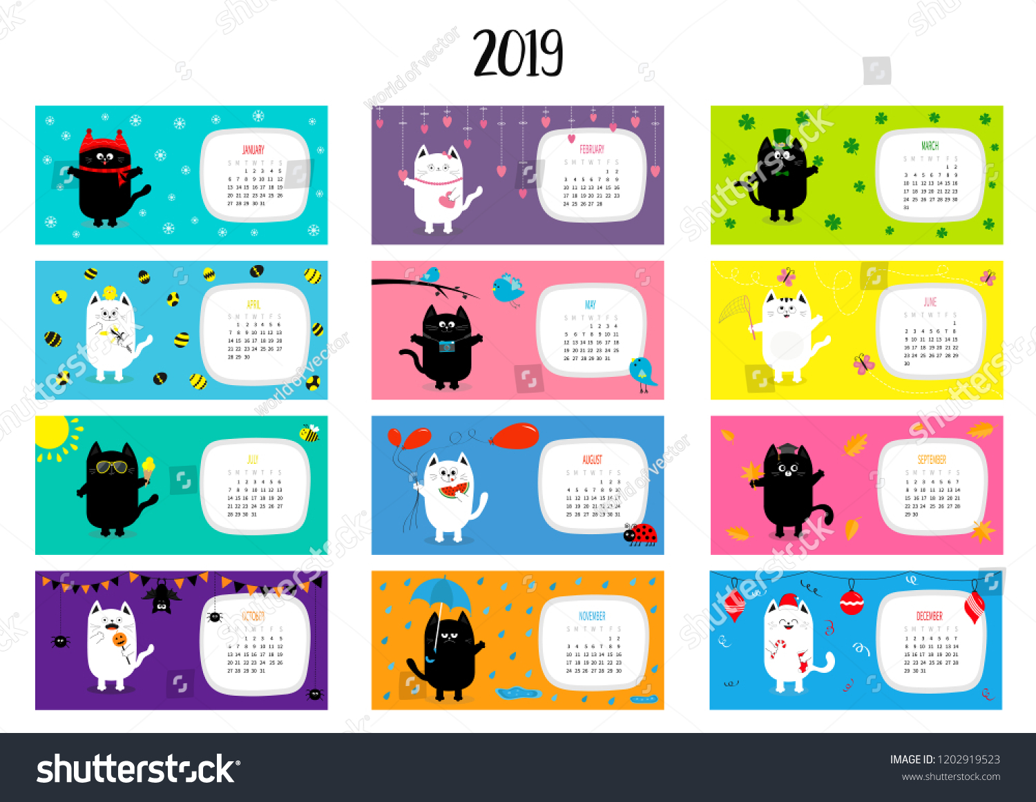 Cat Horizontal Monthly Calendar 2019 Cute Stock Vector (Royalty Free ...