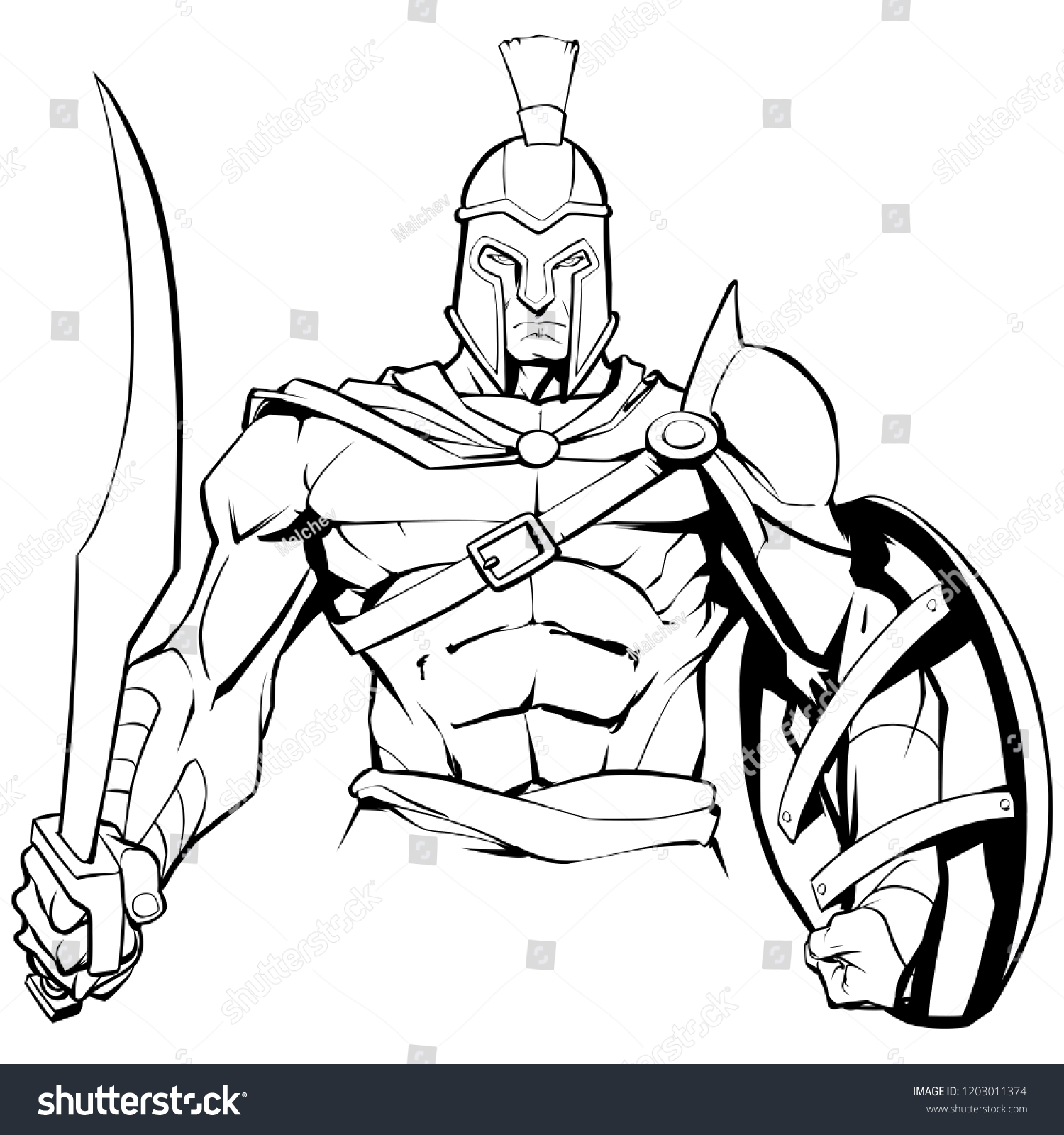 Line Art Illustration Spartan Warrior Holding Stock Vector (Royalty ...