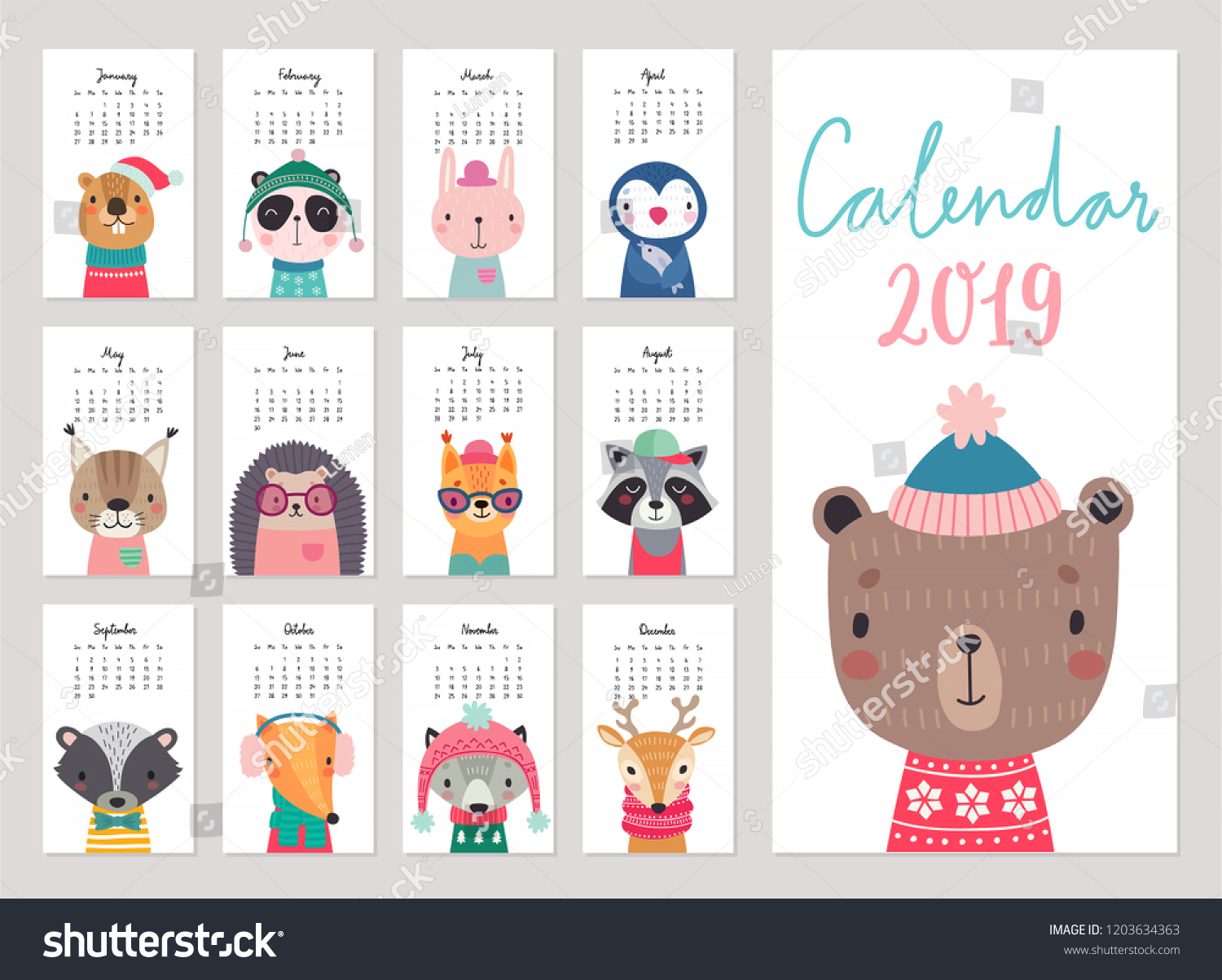 Calendar 2019 Cute Monthly Calendar Forest Stock Vector (Royalty Free ...