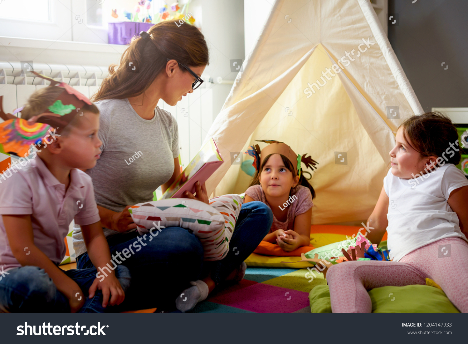 Preschool Teacher Reading Story Children Kindergarten Stock Photo