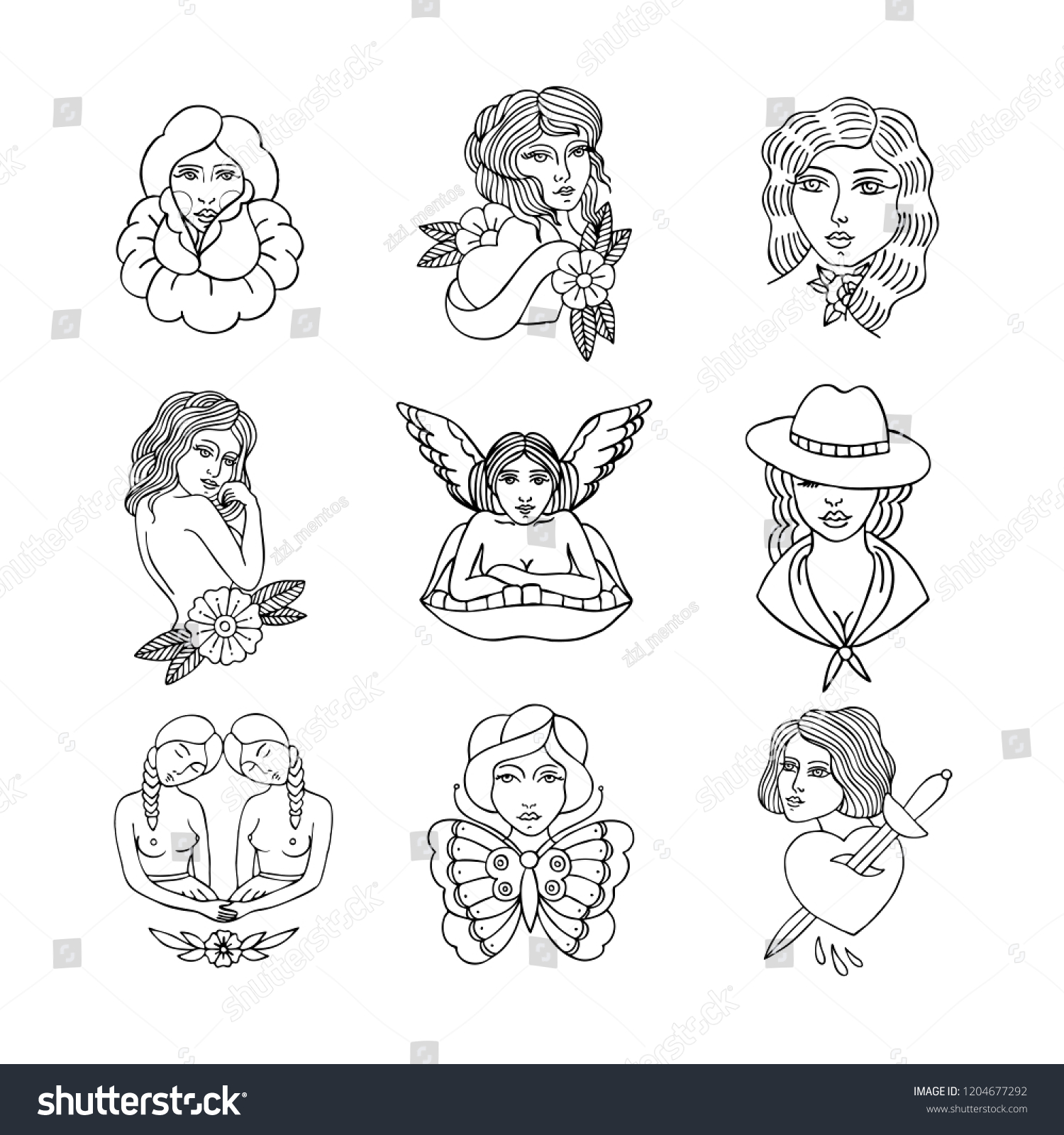 Girls Illustration Traditional Tattoo Flash Stock Vector Royalty Free   Stock Vector Girls Illustration Traditional Tattoo Flash 1204677292 