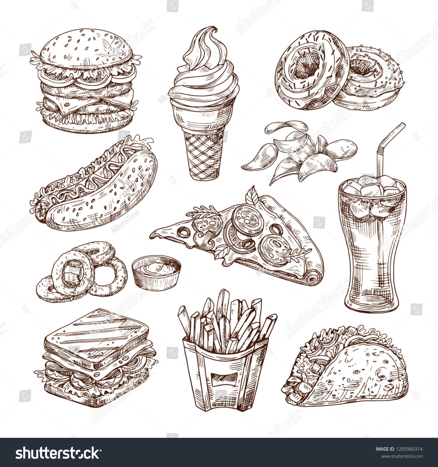 Sketch Fast Food Burger Hot Dog Stock Vector (Royalty Free) 1205960314 ...