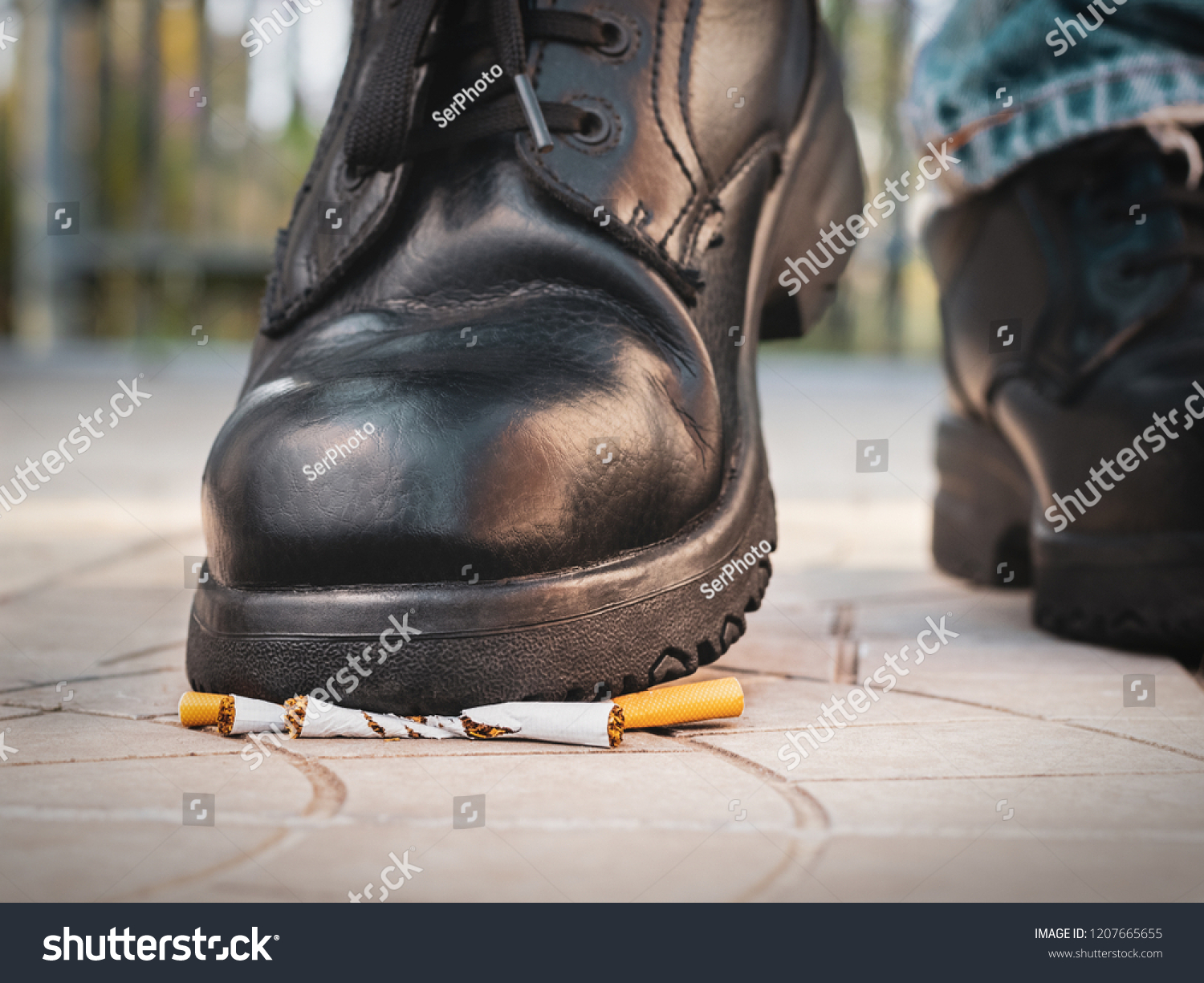 Male Foot Black Shoes Crushing Cigarettes Stock Photo 1207665655 ...