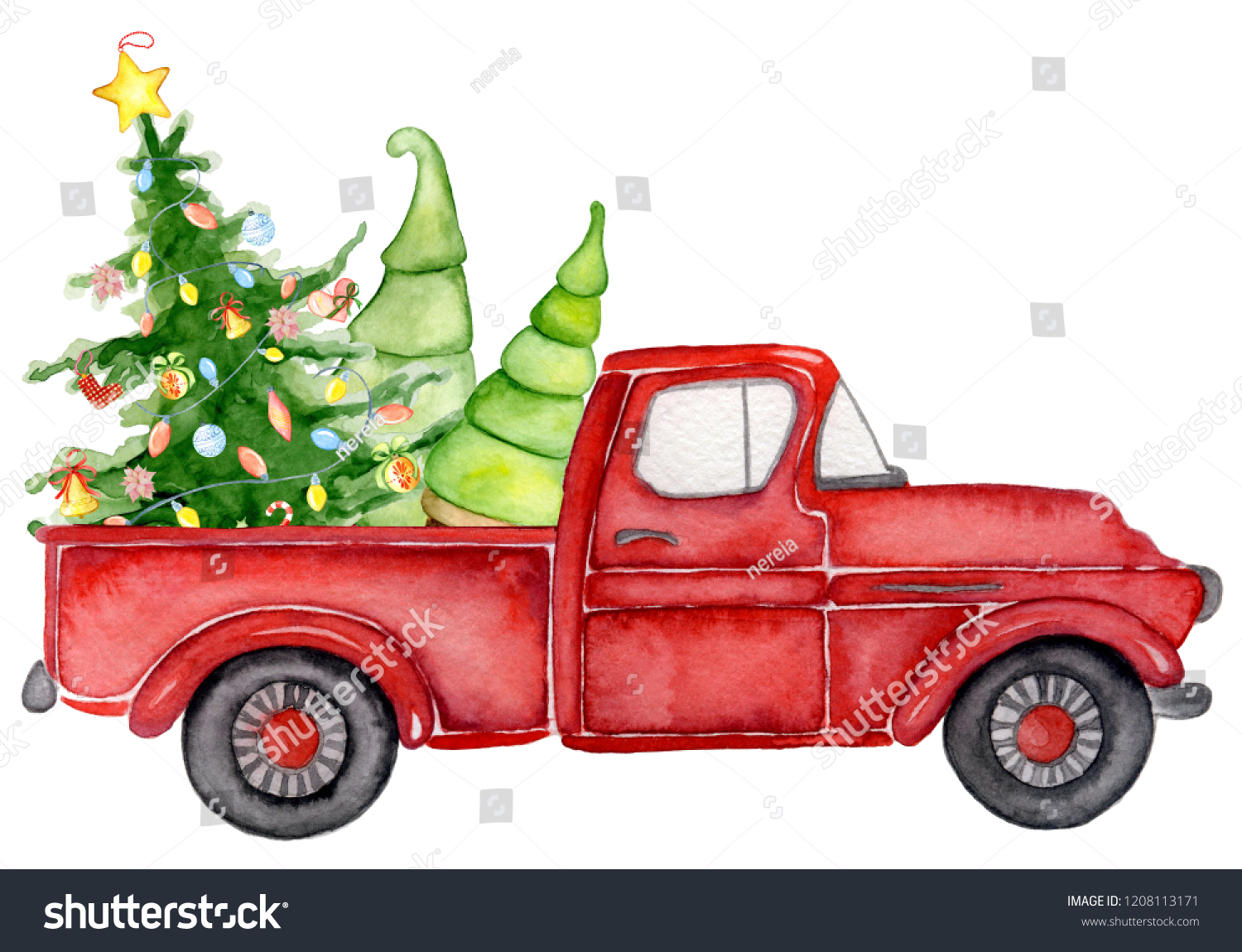 Red Christmas Truck Pine Trees New 1208113171   Stock Photo Red Christmas Truck With Pine Trees New Year Hand Drawn Watercolor Illustration 1208113171 