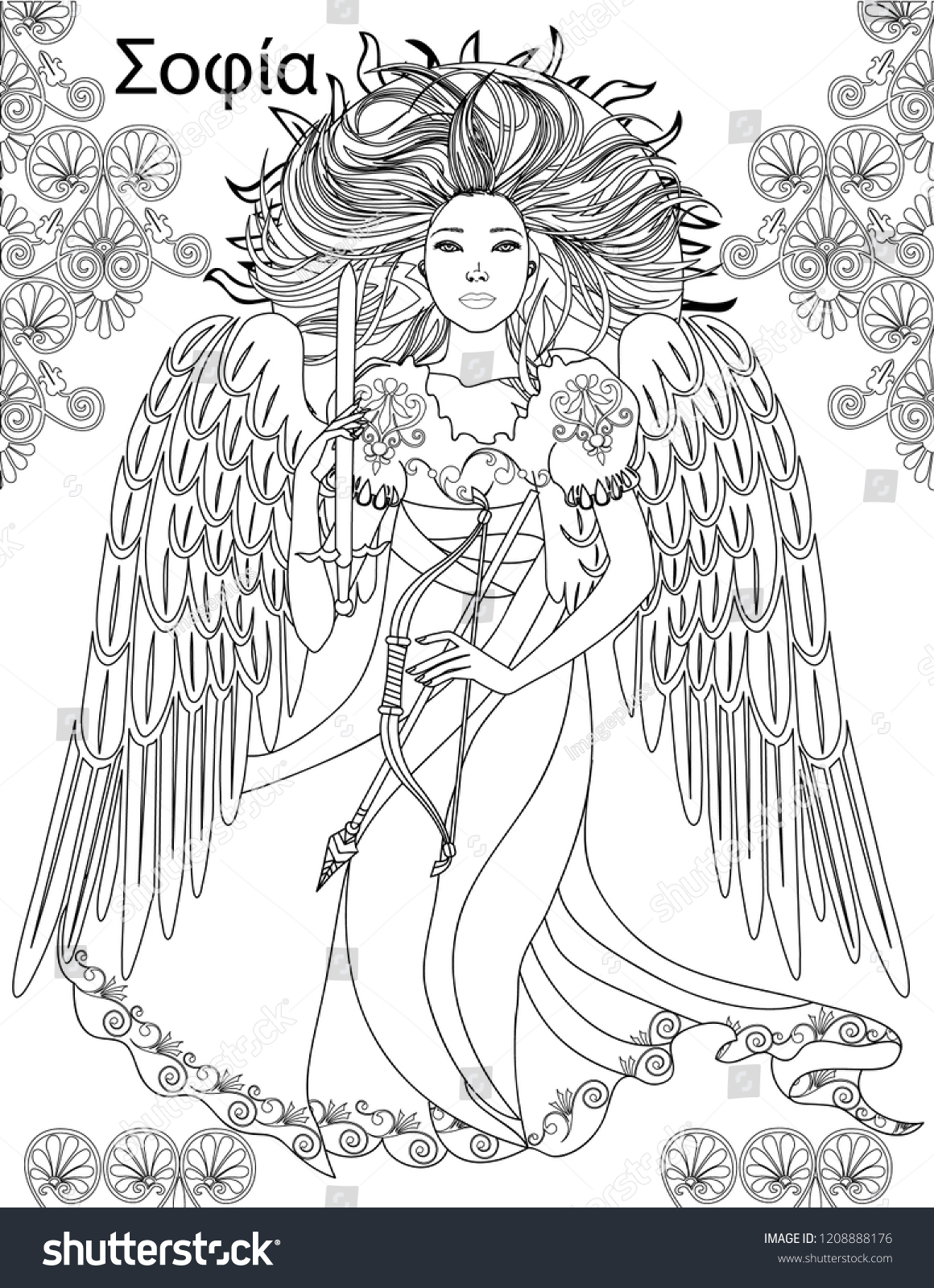 Goddess Coloring Book Page Adults Vector có sẵn (miễn phí bản quyền