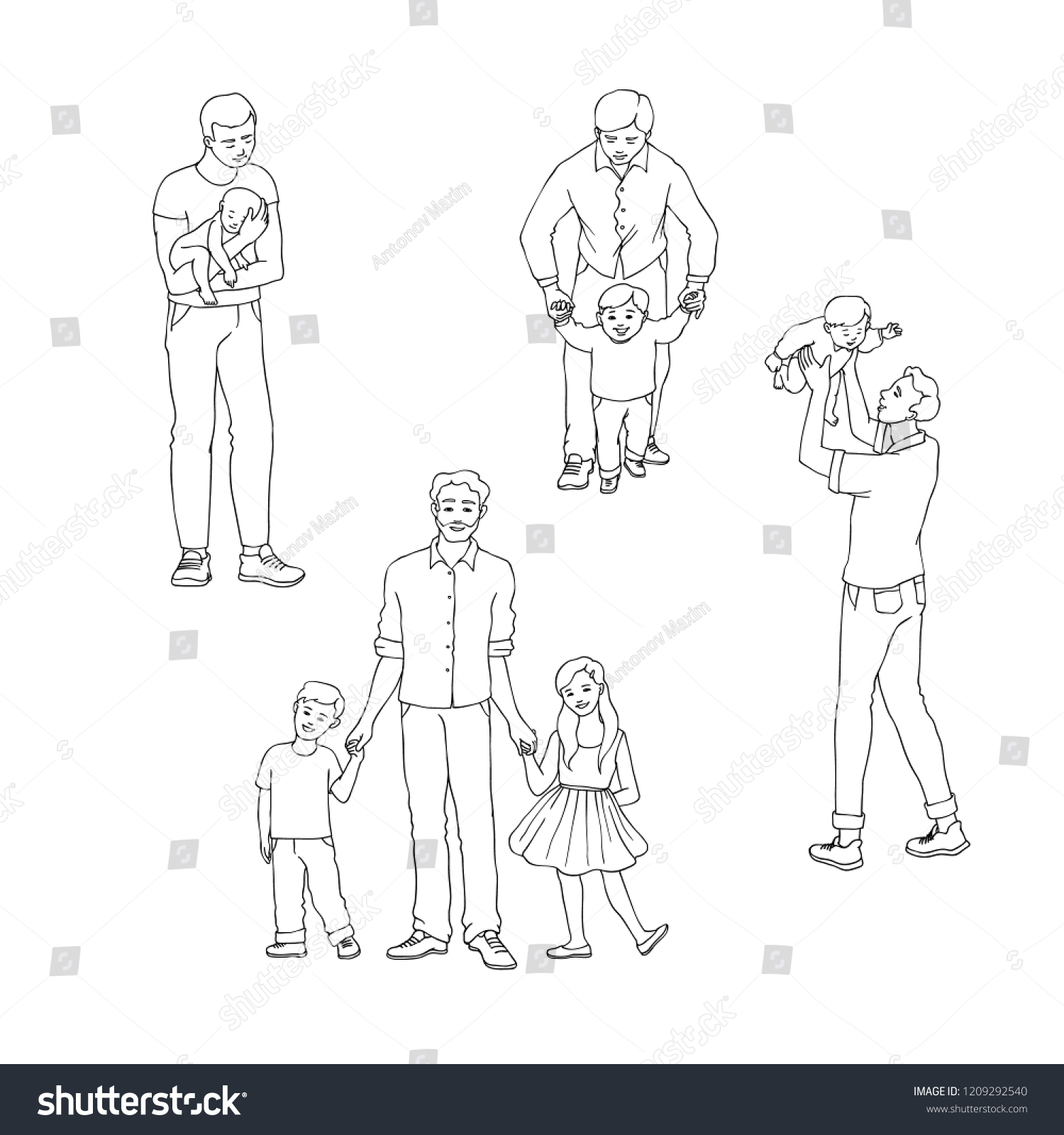 Vector Illustration Set Fathers Their Children Stock Vector (Royalty ...