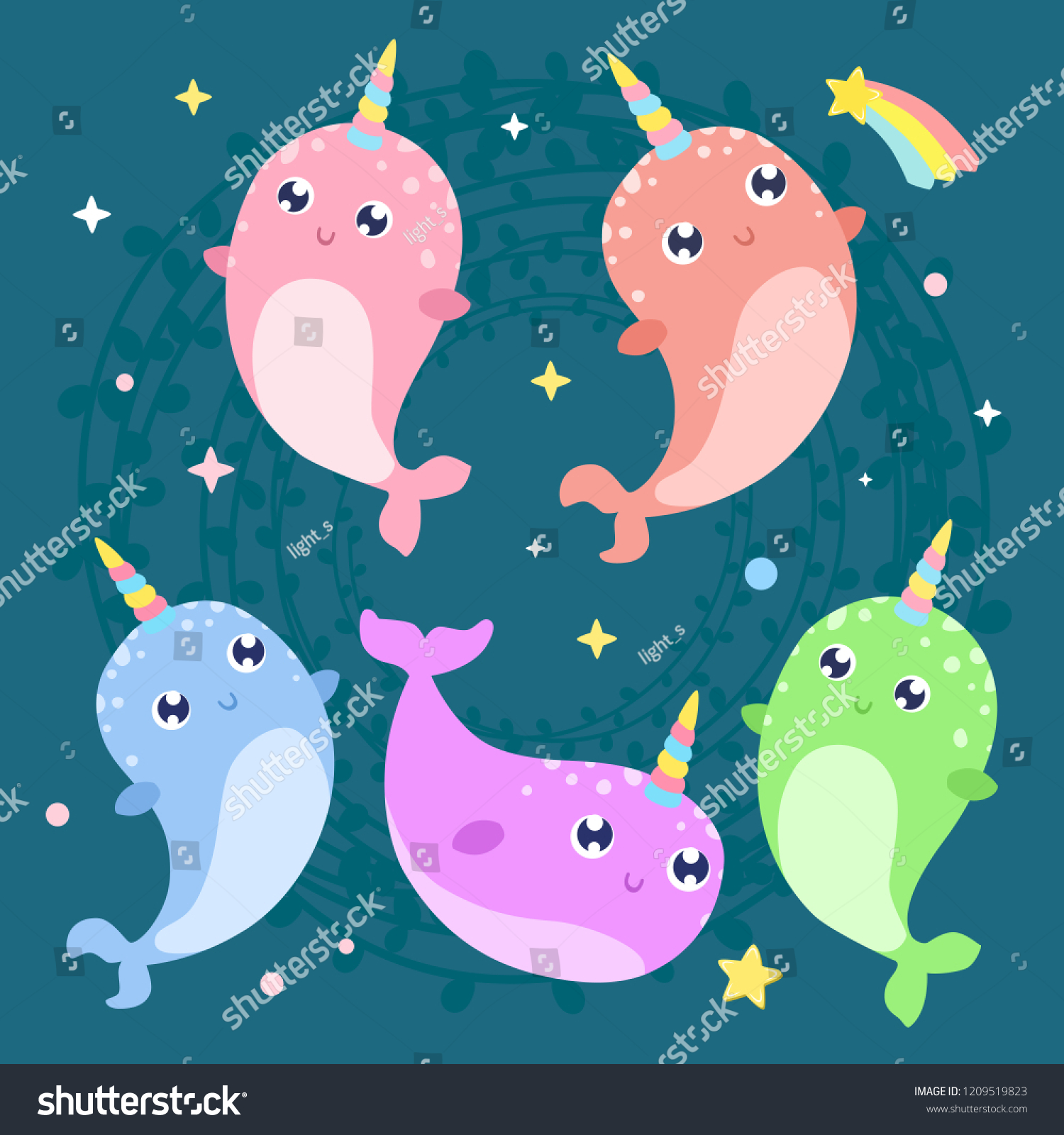 Cute Magical Narwhals Vector Illustration Flat Stock Vector Royalty Free Shutterstock