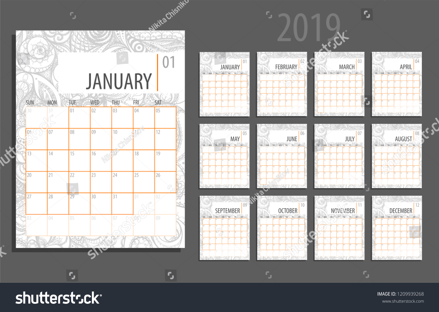 Callendar Planner Template Week Starts On Stock Vector (Royalty Free ...