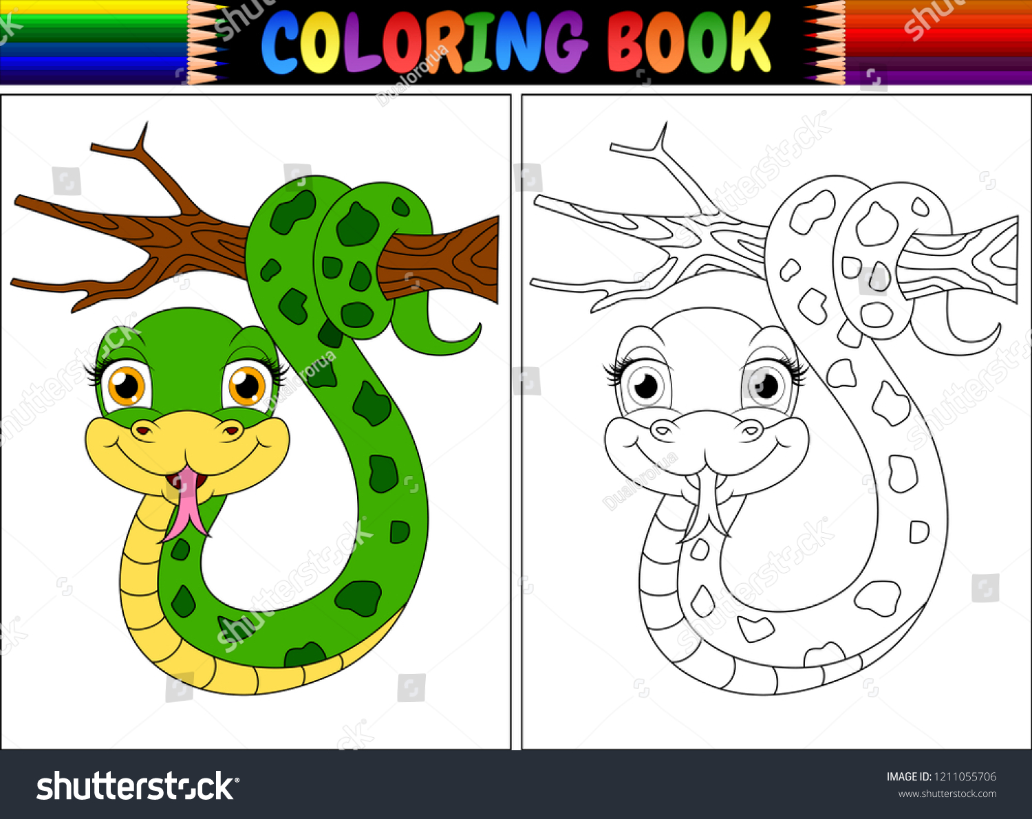 Coloring Book Cute Snake On Tree Stock Illustration 1211055706 ...