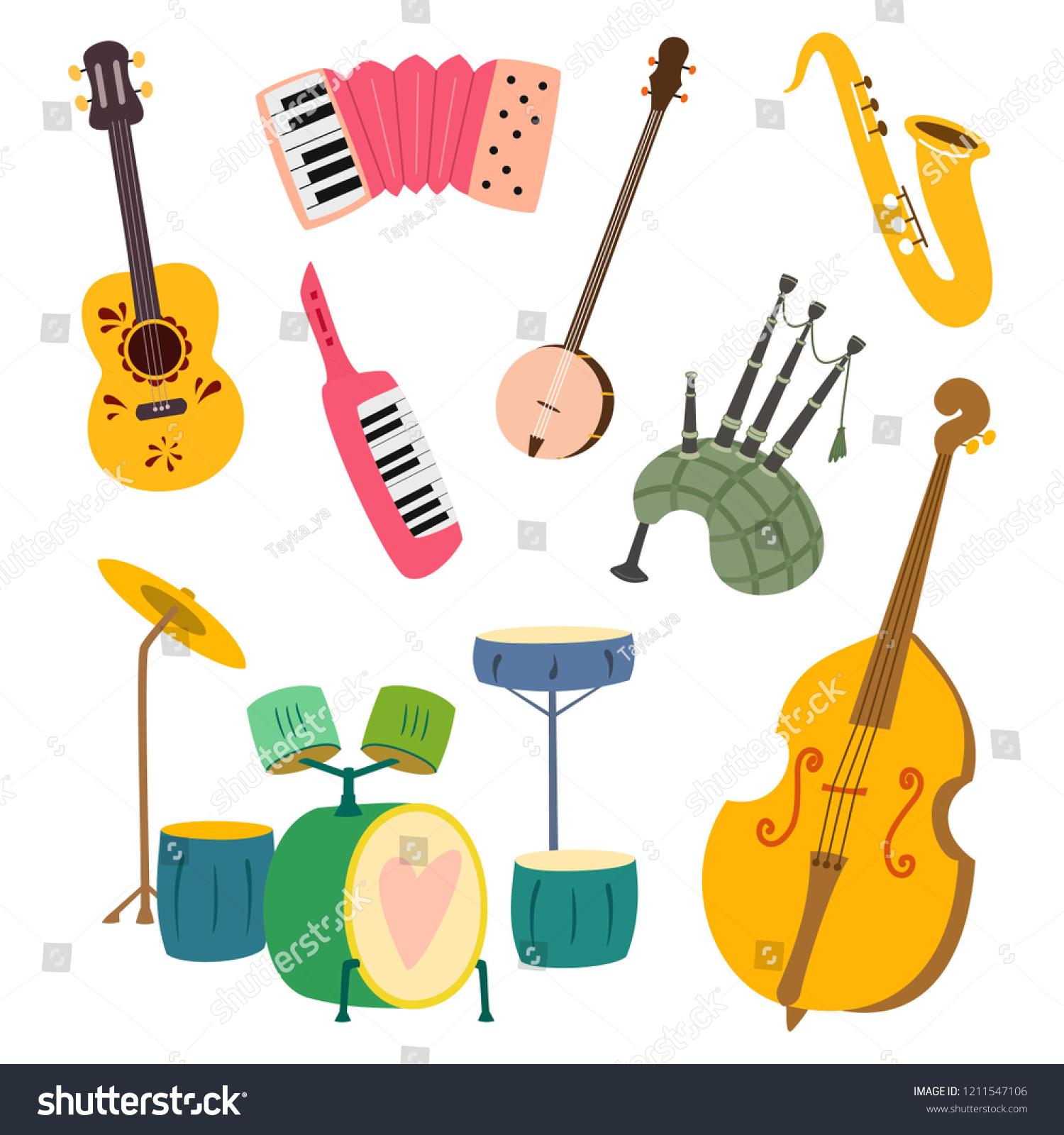 Collection Stylized Musical Instruments Vector Illustration Stock 