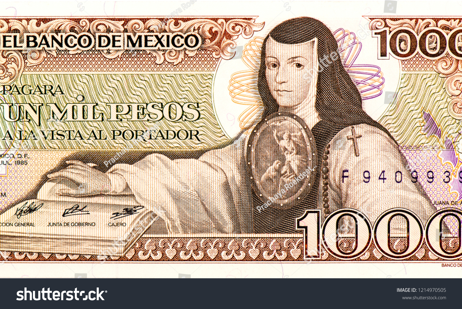Mexican Currency Sor Juana Ines 1000ps 1980s no watermark antiquated rough shape 